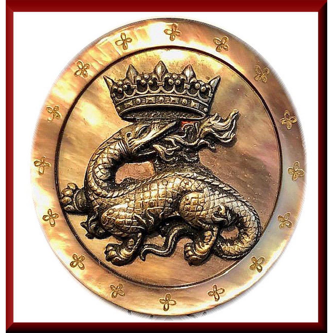 LARGE BRASS ESCUTCHEON ROYAL SALAMANDER ON PEARL: Large pearl button depicting the Royal Salamander. This engraved bordered Smokey colorful pearl boasts a large brass escutcheon of a Royal Salamander and his crown.