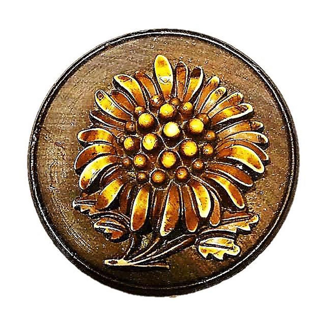 2 LARGE WOOD BUTTONS INCLDING STEEL CUP: 2 Large wood buttons including a steel cup. One has a large ivoroid center flower. The other is a steel cup with a wood center and a brass escutcheon of leaves accented with cut steels. Both are divis