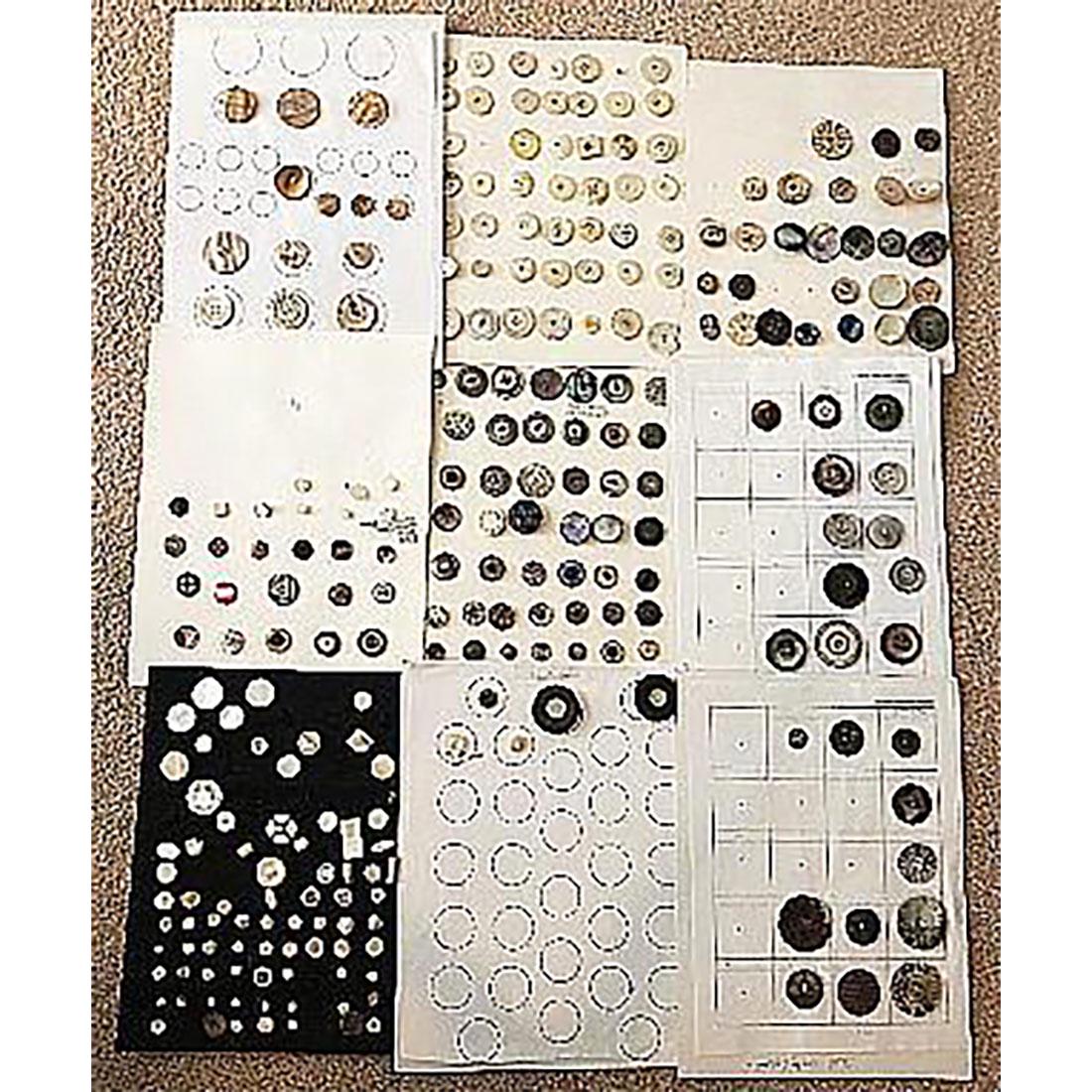 LARGE GROUP OF SEVERAL CARDS OF MOTHER OF PEARL BUTTONS: Large grouping of carved and plain face, sew thru buttons. 9 more cards of vintage and antique mother of pearl buttons in a variety of sizes and techniques include carved, pierced, sew through, set in