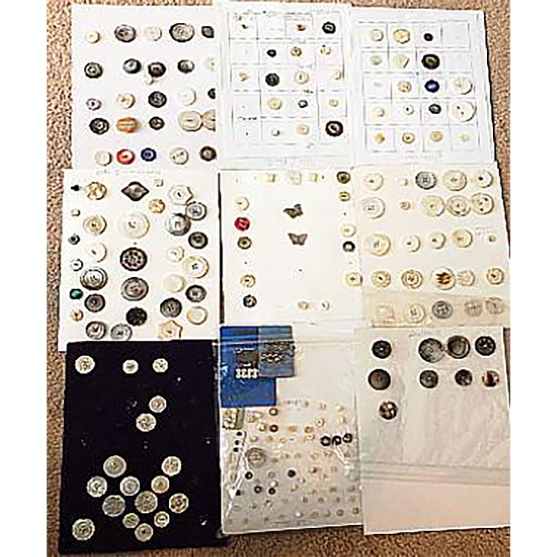 LARGE GROUP OF SEVERAL CARDS OF MOTHER OF PEARL BUTTONS: Large grouping of carved and plain face, sew thru buttons. These 9 cards of vintage and antique mother of pearl buttons in a variety of sizes and techniques include carved, pierced, sew through, set i