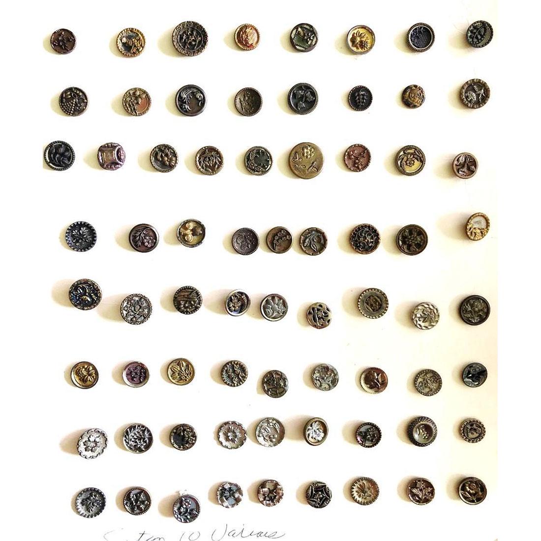 4 CARDS OF SMALL METAL AND SMALL METAL PICTURE BUTTONS: Over 300 mostly small metal and metal picture buttons. Included in this lot are patterns, pictures, and other designs, mostly in assorted metal, but a few other materials are included. Great lot for t