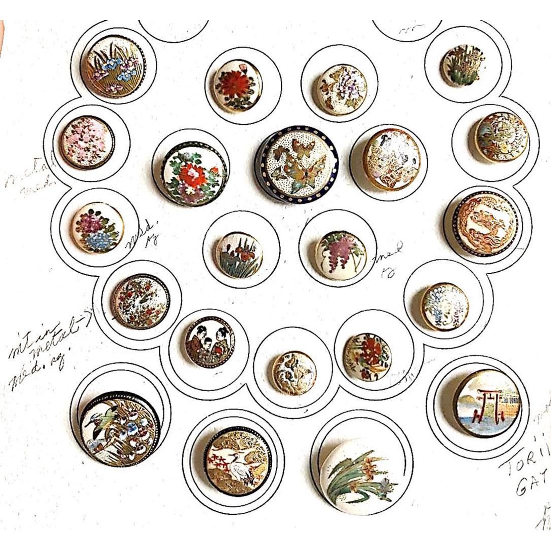 PARTIAL CARD OF SMALL & MEDIUM SATSUMA BUTTONS: 22 S/M Division 1 and 3 assorted subject Satsuma buttons. Included is a beautiful div 1 colorful multi butterflies, a large medium div 1 crane in flight among the reeds and flowers, a div 1 gold drago