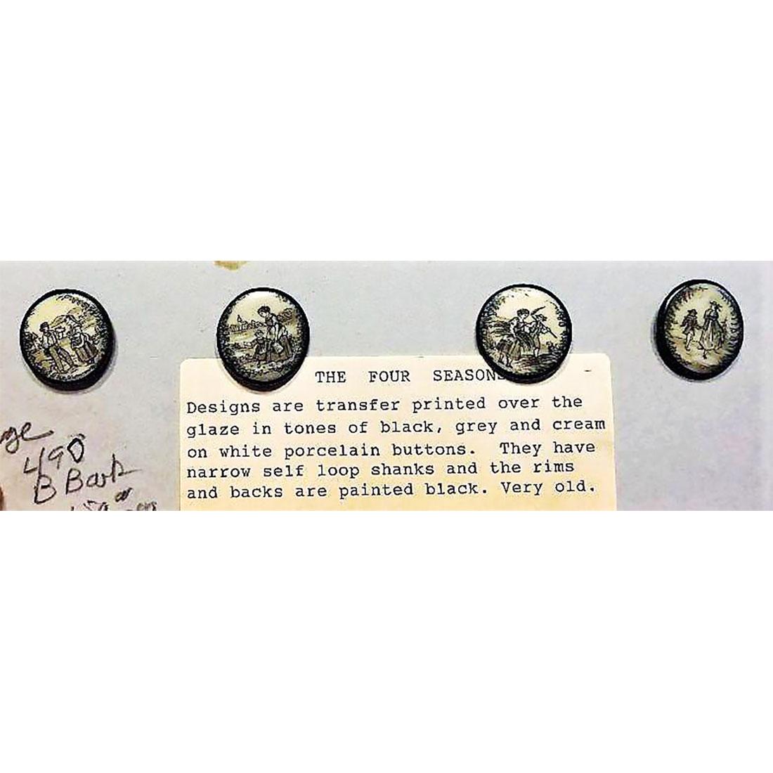 SET OF FOUR SEASON PORCELAIN BUTTONS: 4 Transfer on porcelain buttons of "The Four Seasons". This is a beautiful set of medium size 19th century buttons.