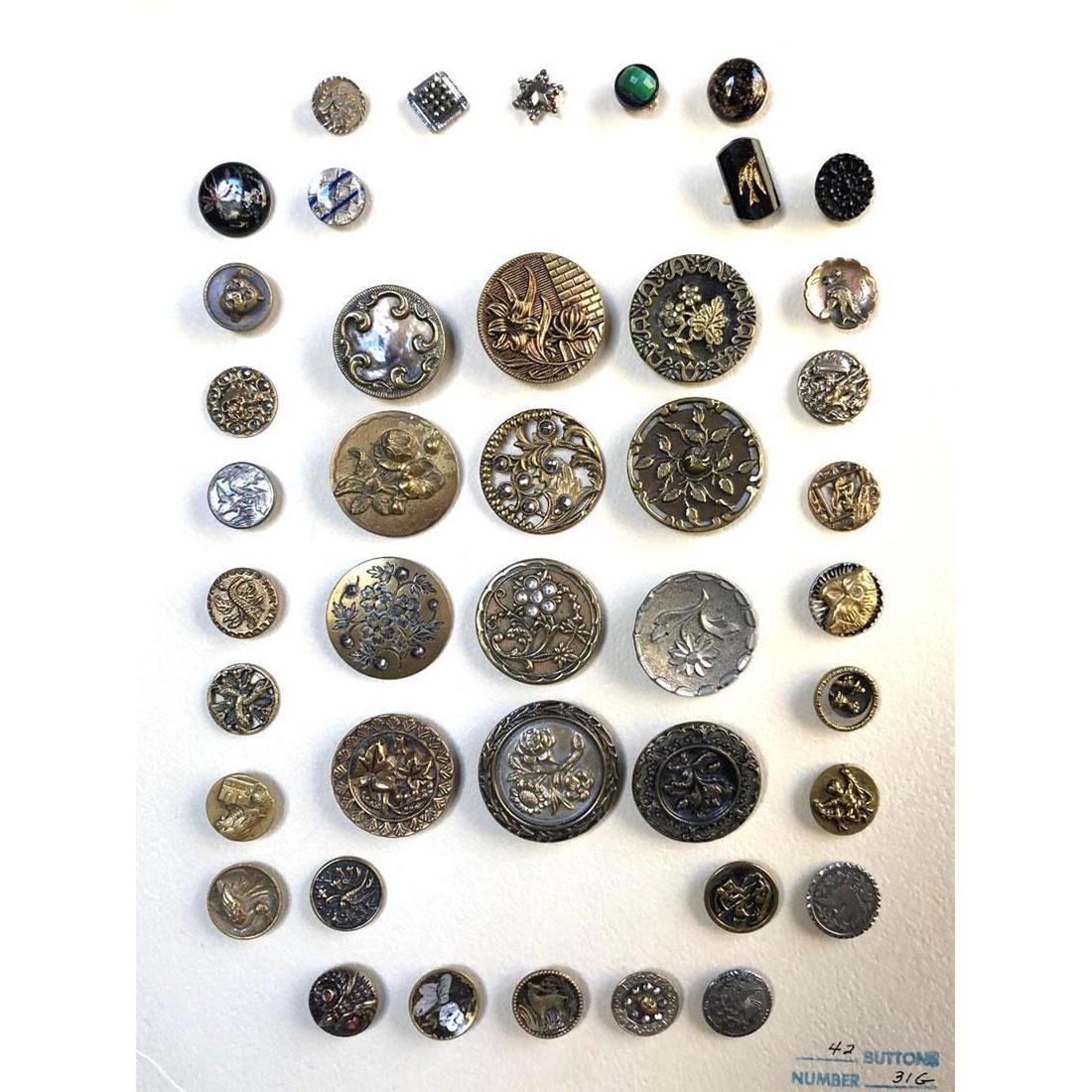 2 CARDS ASSORTED METAL & ASSORTED PLANT LIFE BUTTONS: 61 Assorted metal and assorted plant life buttons including tole, steel, brass, copper, black glass and more.