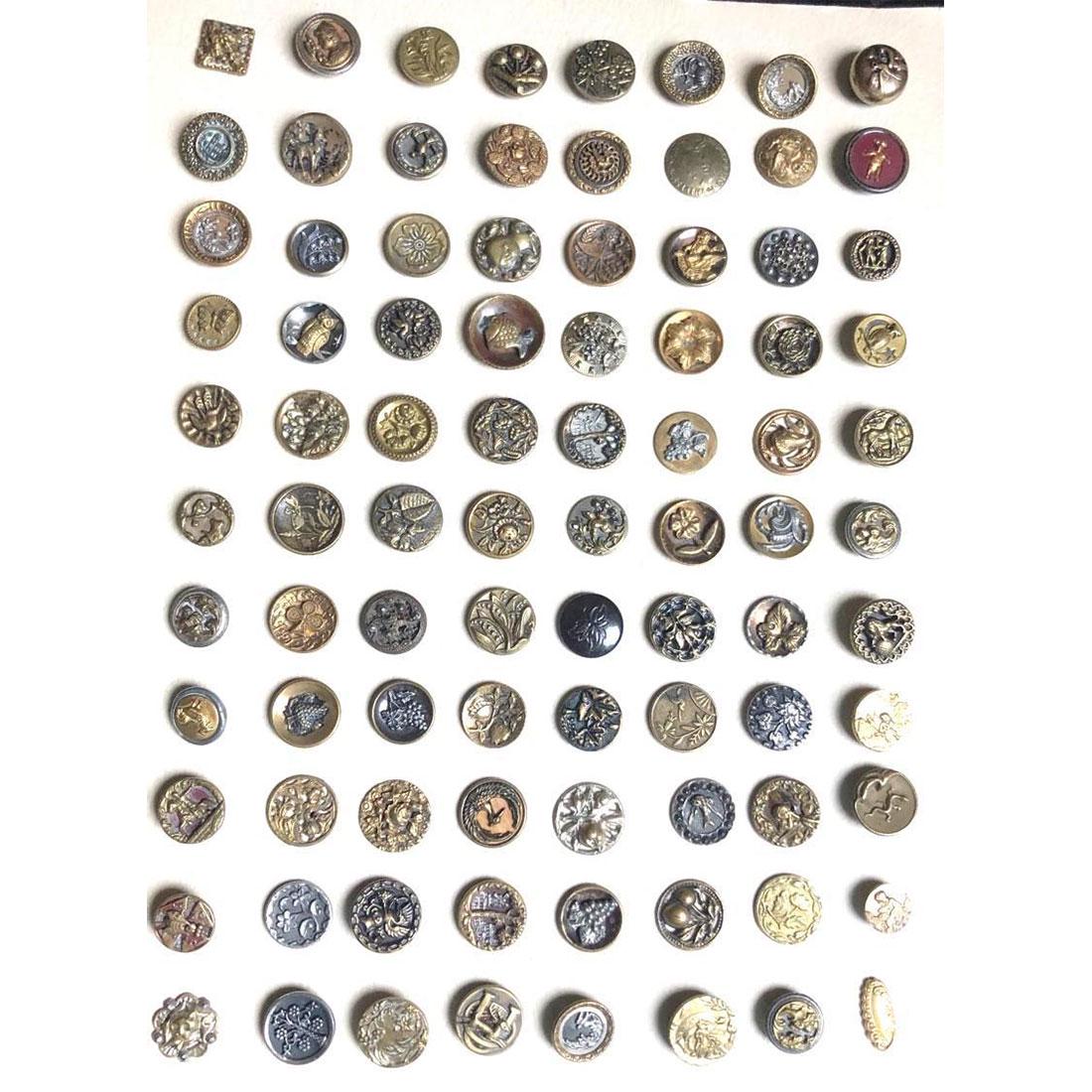 1 CARD OF SMALL METAL PICTURE BUTTONS: 80 Small metal mostly pictorial buttons including a Teddy Bear. The lot has an assortment of pictorial subject matter including a rebus, a fish and much more. Included are some patterns as well.