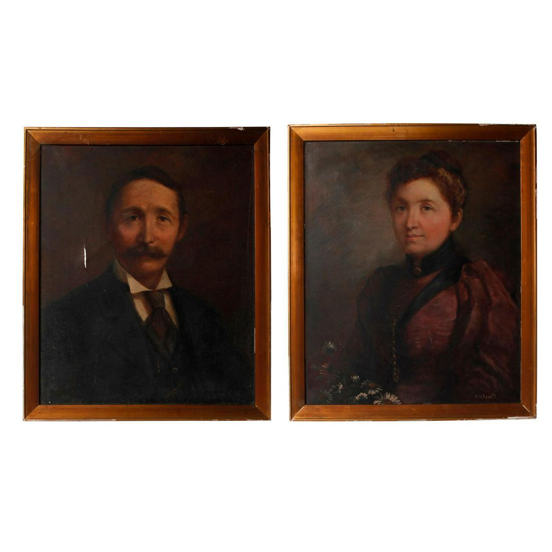 2 VICTORIAN PORTRAITS, MAN AND WOMAN IN GILTWOOD FRAMES: Artist signed. Oil on canvas, presented in wooden frames. Age related wear to frames and canvas. Portrait of man has tear in canvas. 23.5"H x 19.5"W, art. Issued: c. 1910 Dimensions: 26.5"H x 22.5"W, 
