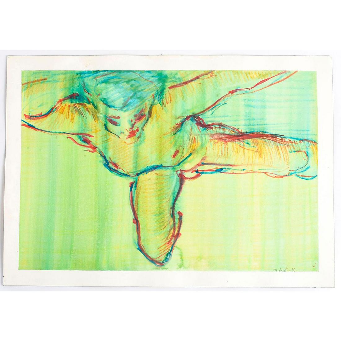 PASTEL SKETCH, ARTIST SIGNED BY LOUIS MUHLSTOCK: Pastel on cream paper, a reclining nude man. The central figure and the background are drawn the same green, blue, yellow tones, accented with orange and outlined in red and blue. Artist signed by Aus