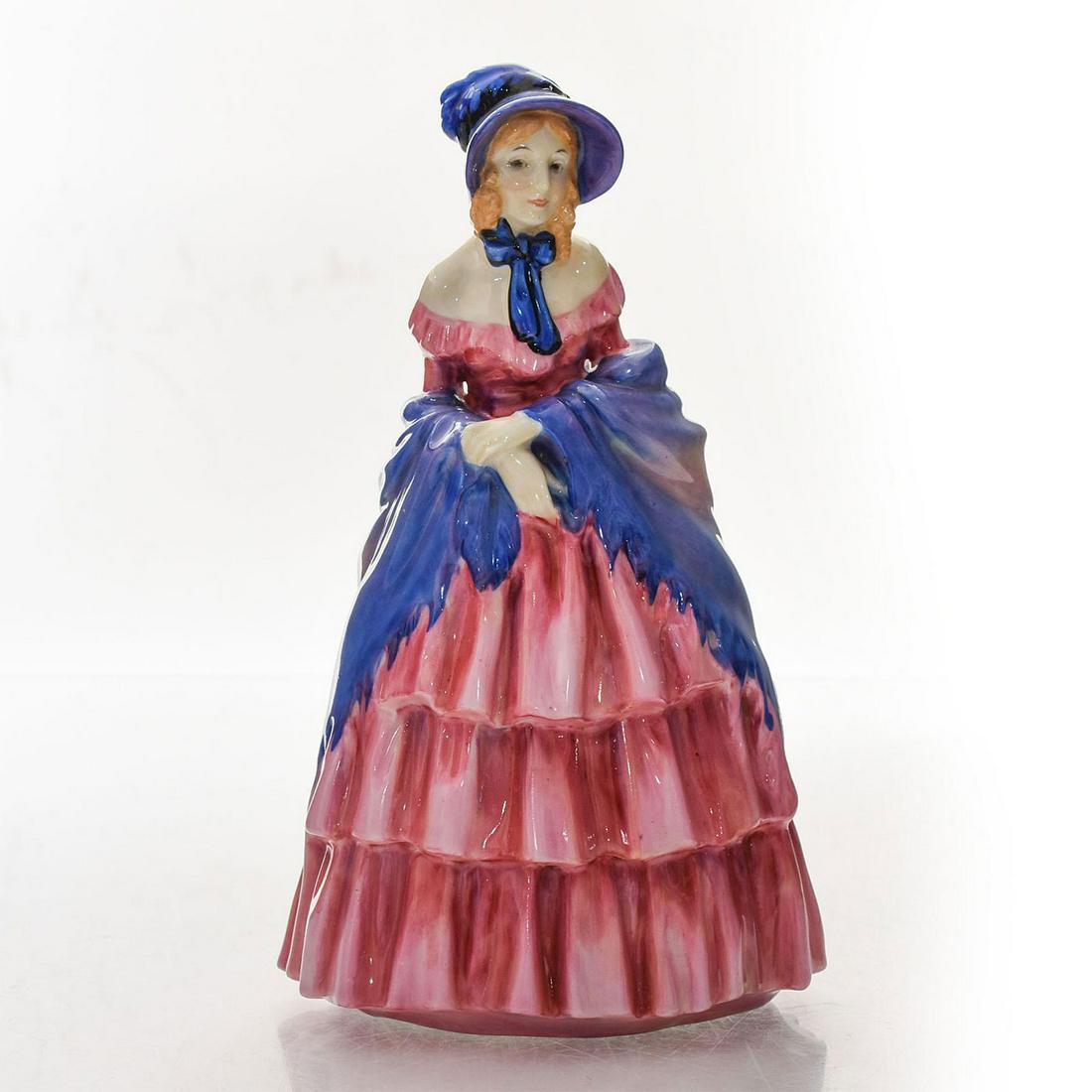 ROYAL DOULTON FIGURINE, A VICTORIAN LADY HN728: Harradine Classics. Pink and purple colorway. Doulton backstamp. Charlton Standard Catalogue 3rd Ed., estimate: $650. Artist: Leslie Harradine Issued: 1925 Dimensions: 8.25"H Manufacturer: Royal Doult
