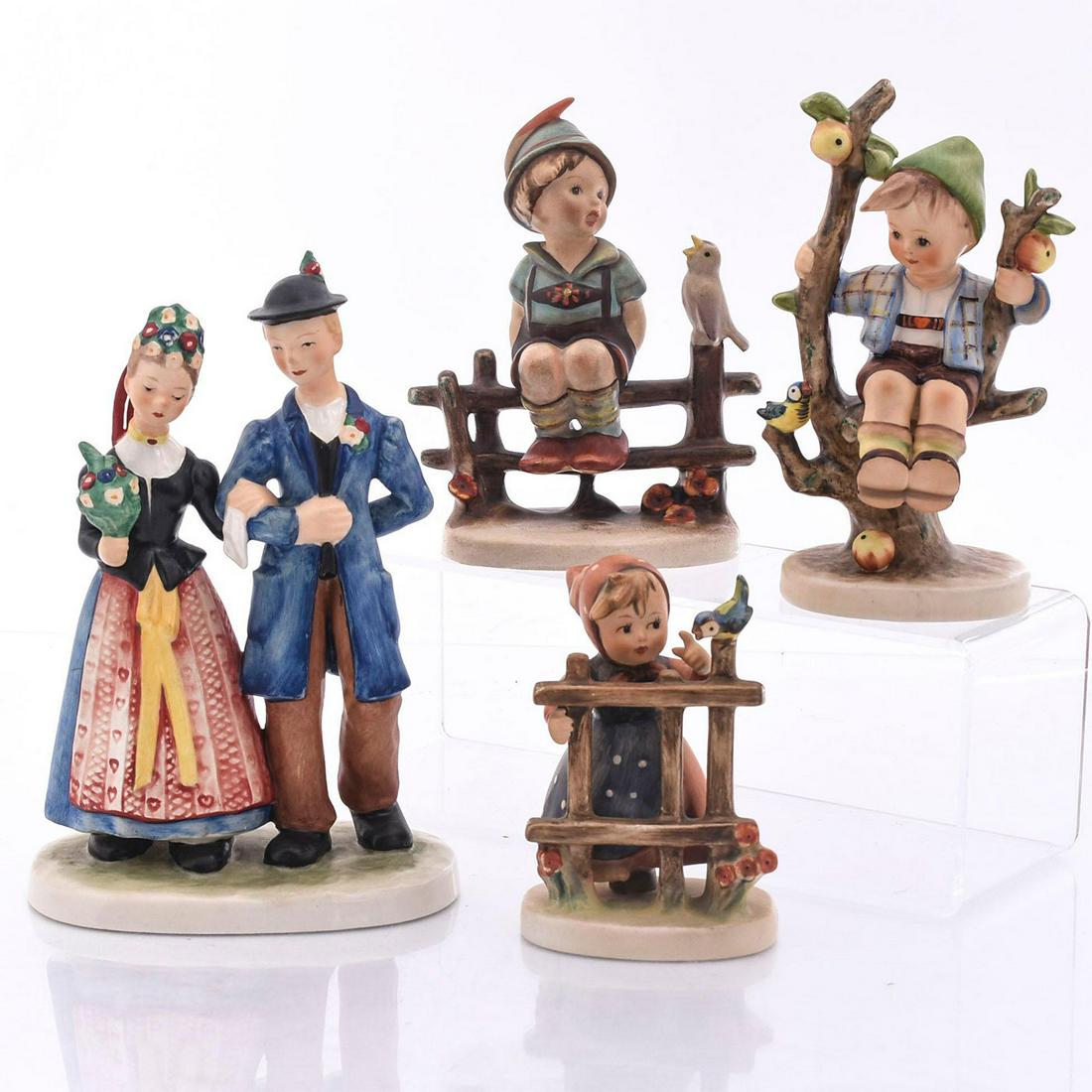 4PC GOEBEL & HUMMEL FIGURINES: 3 Hummel figures; Goebel Hahn 501. Maker's mark on the underside. Issued: 20th c. Dimensions: 7.5"H, tallest Manufacturer: Goebel Country of Origin: Germany