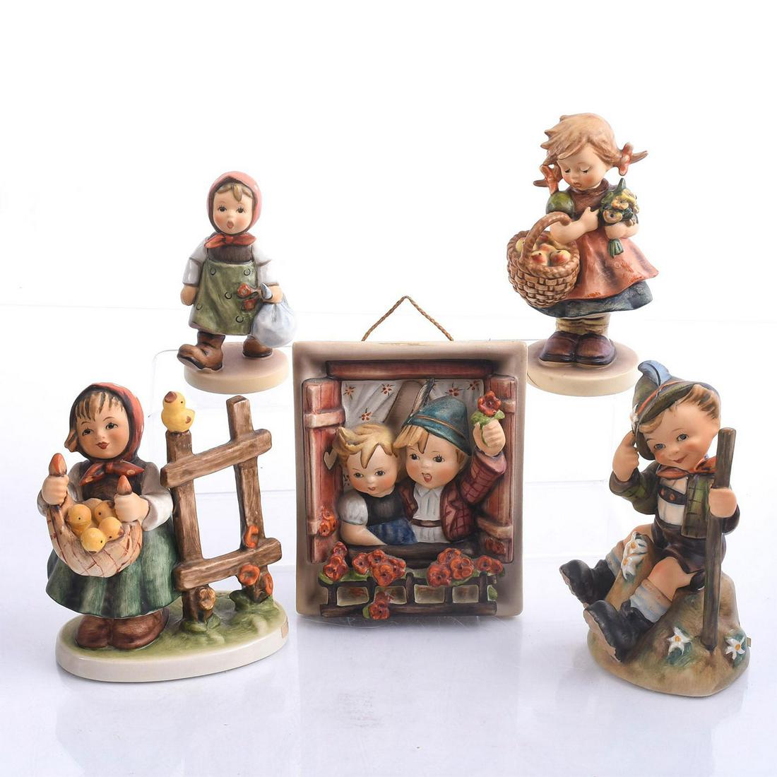 5 GOEBEL HUMMEL FIGURINES, CHILDREN & ANIMALS: Bisque porcelain children modeled with flora and animals. Produced by Goebel for Hummel, the most widely collected figurines of the 20th century. Five child studies, modeled in a variety of adorable s