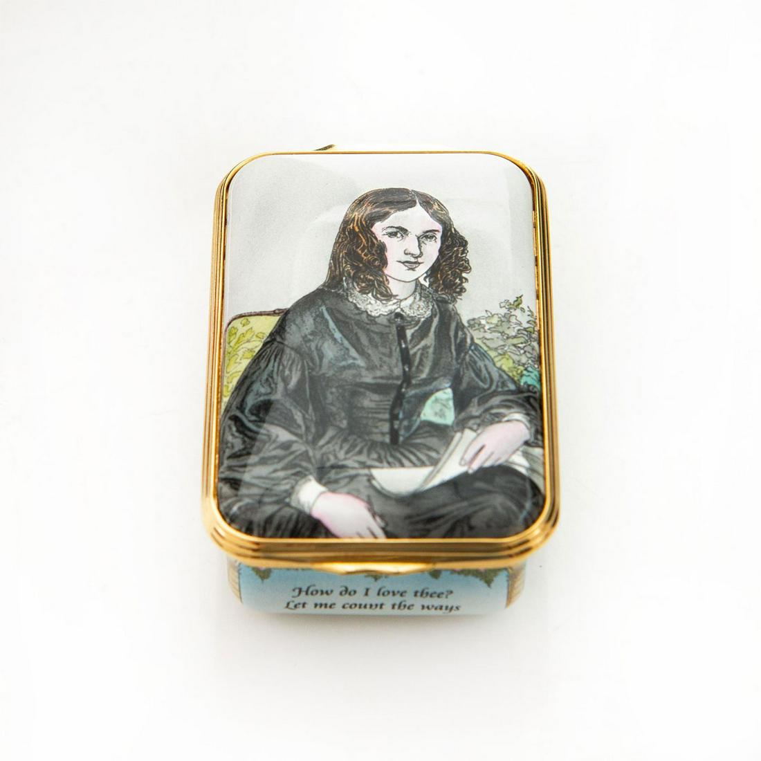 HALCYON DAYS, ELIZABETH BARRETT BROWNING TRINKET BOX: 3" gilded rim, stamped on bottom. Issued: 20th c. Dimensions: 6"L Edition Number: 26 Edition Size: 200 Manufacturer: Halcyon Days Country of Origin: England