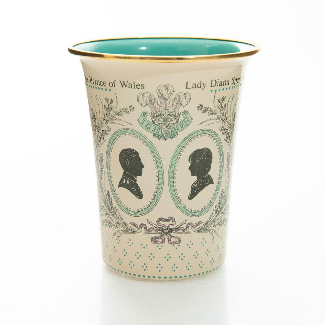 HALCYON DAYS, ROYAL WEDDING BEAKER: Guilted rim, stamped on bottom. Issued: 20th c. Dimensions: 5"H Manufacturer: Halcyon Days Country of Origin: England