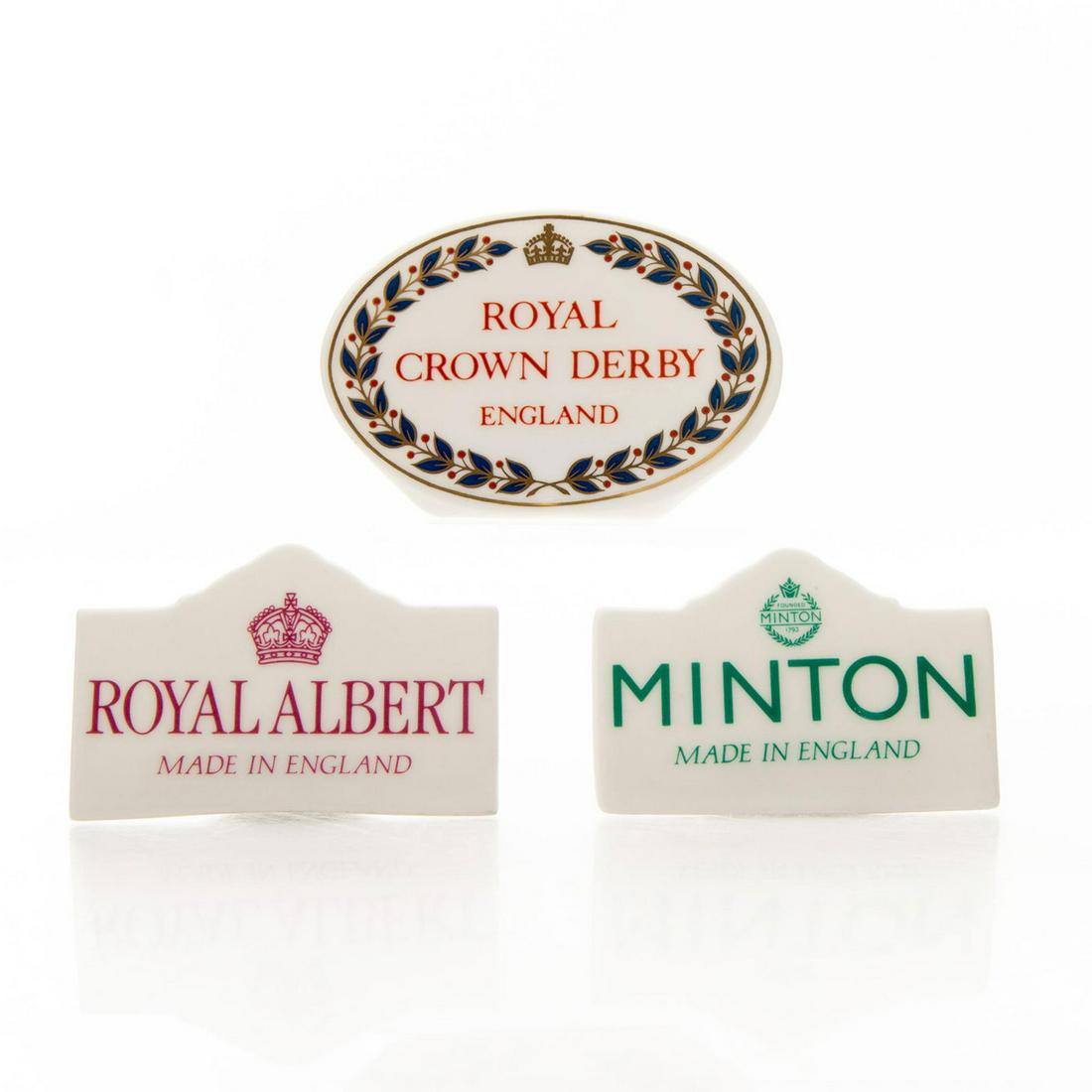 3 BONE CHINA TABLETOP DISPLAY SIGNS: Royal Crown Derby, Royal Albert, Minton. Issued: 20th c. Dimensions: 4.5"H, tallest Country of Origin: England