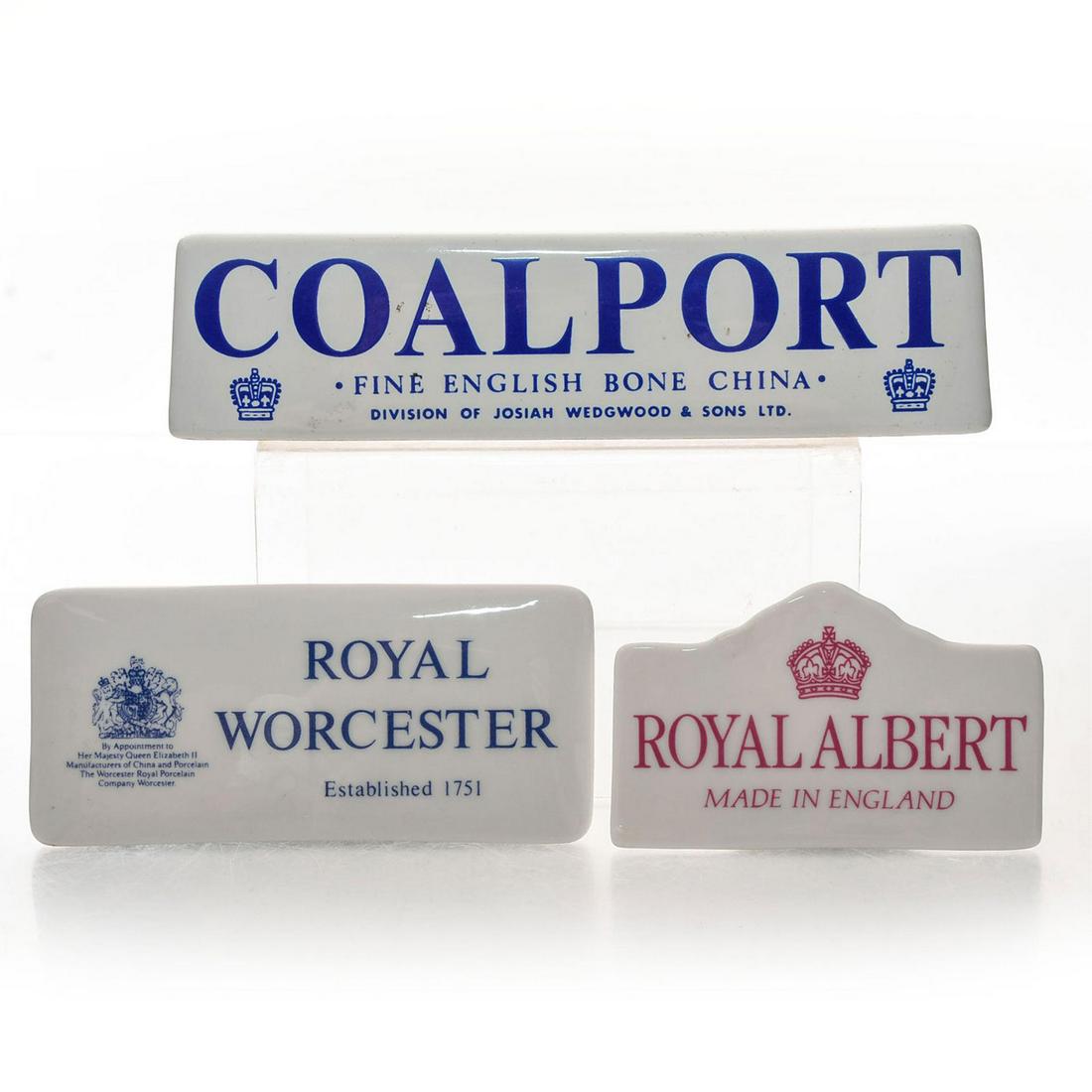 3 BRITISH PORCELAIN ADVERTISINGWARE TABLE SIGNS: Royal Albert, Royal Worcester, Coalport. Issued: 20th c. Dimensions: 6.75"L, longest Manufacturer: Multiple Country of Origin: England