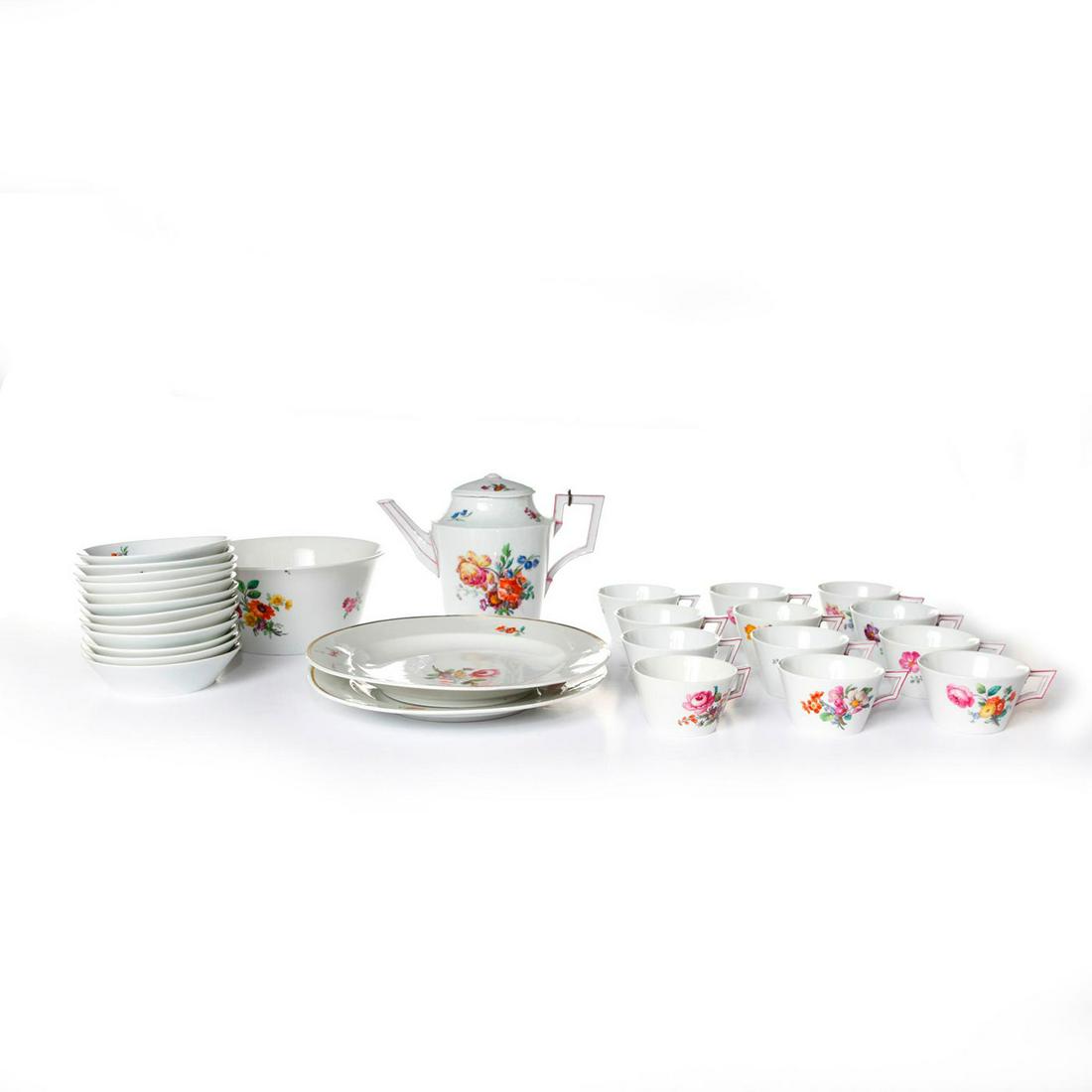 28PC KPM ART NOUVEAU BREAKFAST TEA SERVICE SET: 12 cups and saucers, two plates, one bowl, one teapot with lid. A breakfast service after Royal Porcelain Manufactory of Berlin (KPM), with 12 cups 2"H x 3.75"W, 12 saucers 5"D, two plates with gilt r