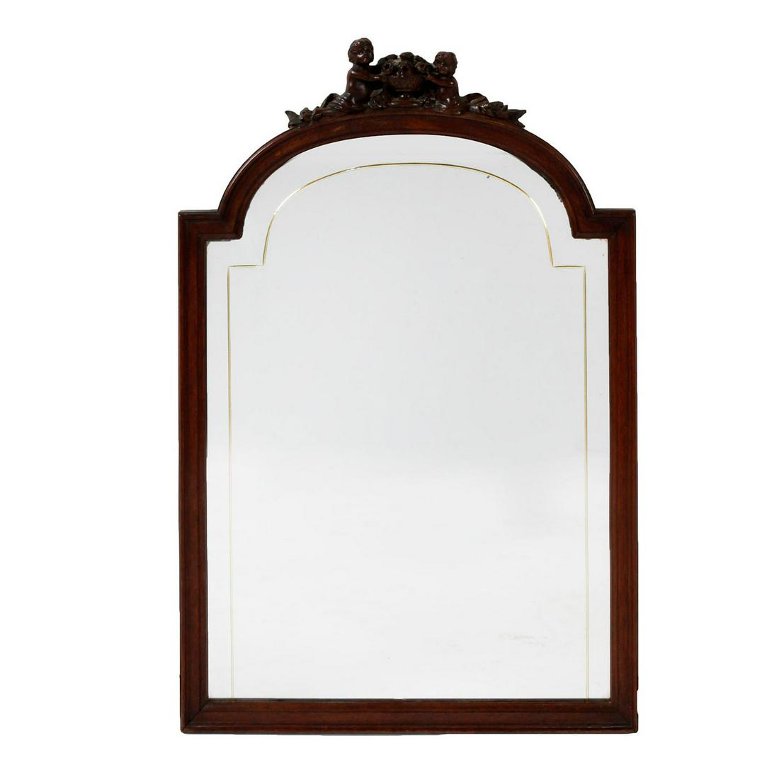 HAND CARVED FEDERALIST STYLE WALL MIRROR: Etched and gilded design. 2 mounted wooden cherubs. Issued: 20th c. Dimensions: 34"H x 24"W