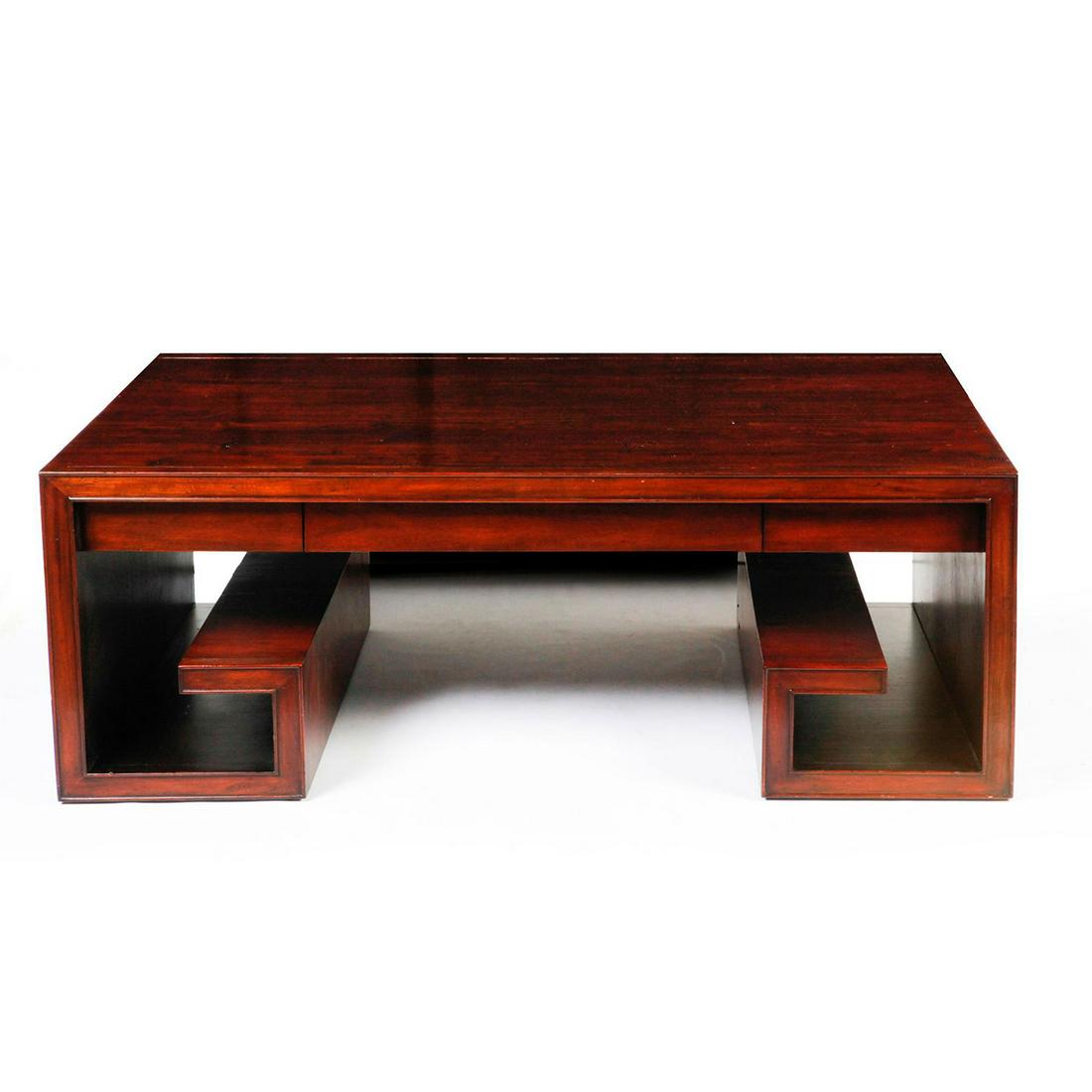 HENREDON INDUSTRIES CONTEMPORARY CHINESE TABLE: Antiqued, scoop-planed low boy with dark finish. Total weight approx. 130lb. Issued: 20th c. Dimensions: 54"L x 32"D x 20"H Manufacturer: Henredon Industries