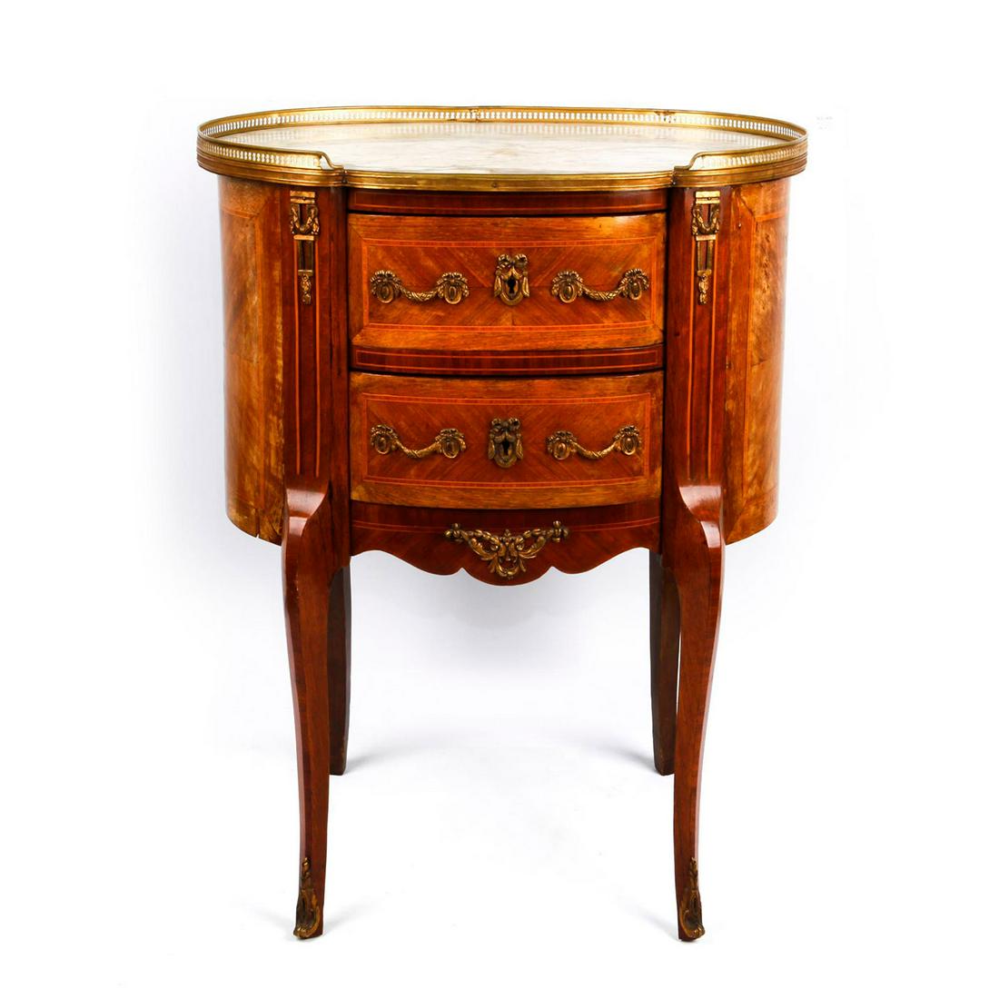 FRENCH STYLE COMMODE WITH PARQUETRY, MARBLE TOP: Stand with 2 drawers with locks, ogee legs, white marble top. Wood construction includes marquetry and parquetry, hand cut dovetail joints, and is adorned with brass details. Total weight approx. 40lb