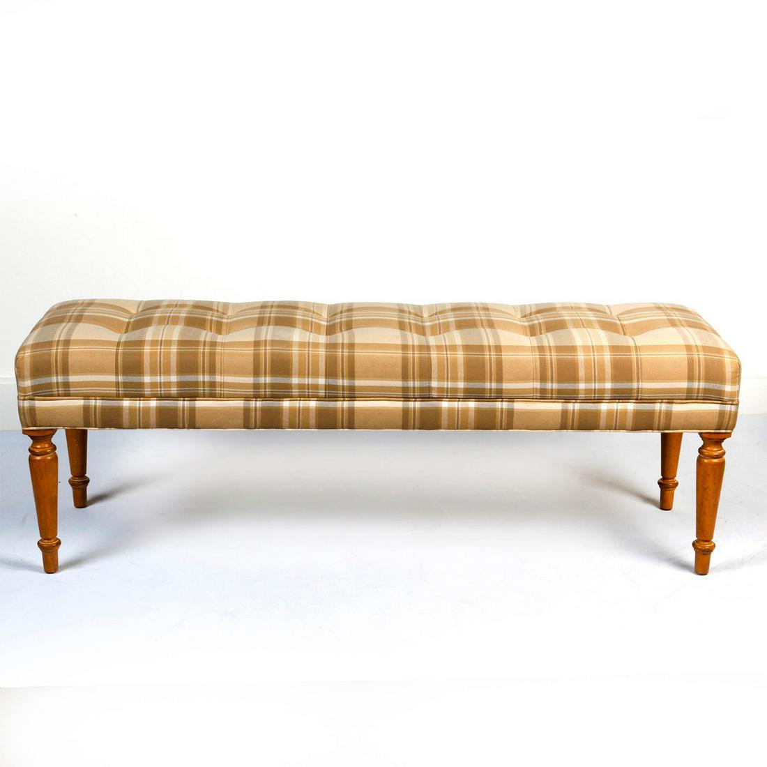 ETHAN ALLEN PLUSH UPHOLSTERED BEDROOM BENCH: Tufted patterned buttons, turned wood legs. Tagged on bottom. Total weight approx. 40lbs. Issued: 20th c. Dimensions: 21"H x 60"L x 20"W Manufacturer: Ethan Allen Country of Origin: USA