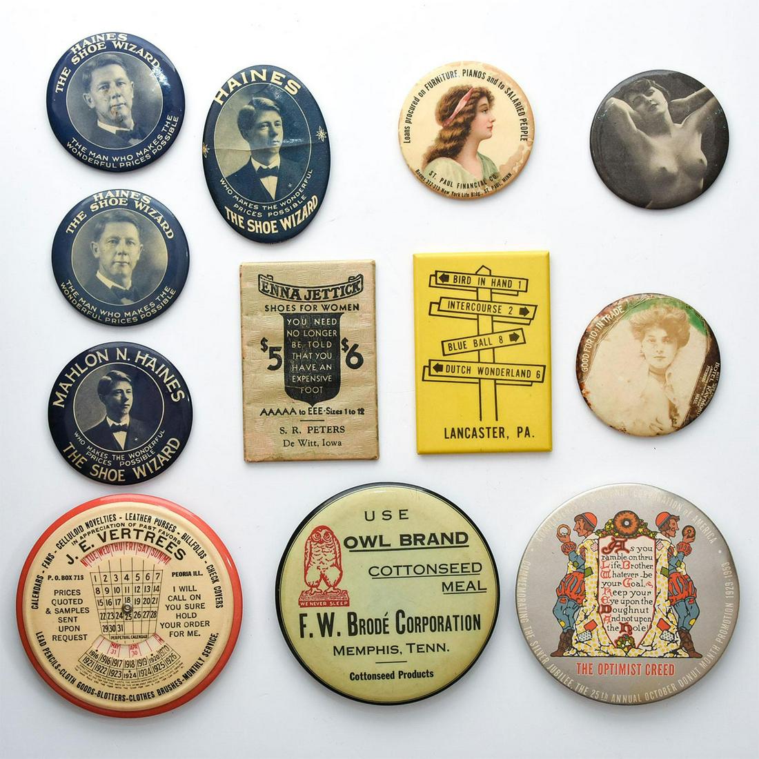 12 ANTIQUE VINTAGE CELLULOID ADVERTISING POCKET MIRRORS: Produced c. 1900-1955, various motifs, original mirror glass. An exemplary, extremely rare group of celluloid advertising pocket mirrors, from various United States industries and in early to mid-cent