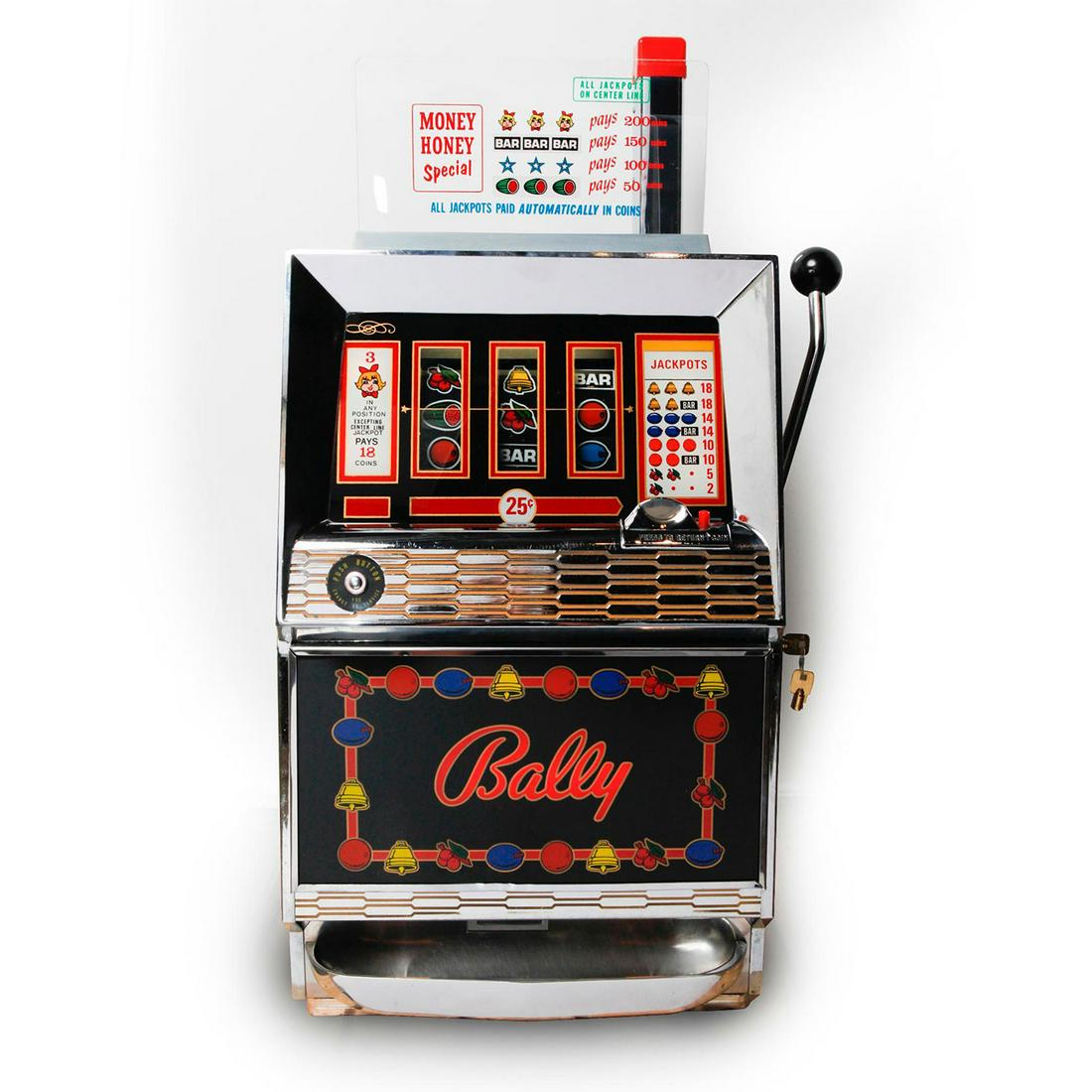 CLASSIC BALLY MONEY HONEY SPECIAL 25 CENT SLOT MACHINE: Quarter operated slot machine. Unique accent piece for the casino, games, or Vegas collector. Machine powers on, mechanism untested. Key turns to unlock machine, but door does not open. Issued: 20th c