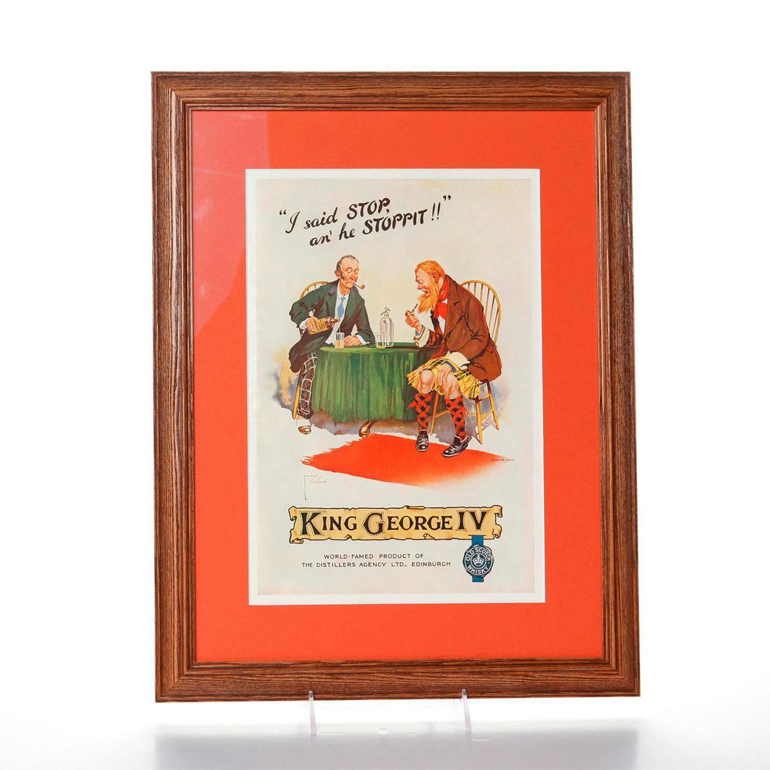 LAWSONWOOD ADVERTISING PRINT, OLD SCOTCH WHISKY: King George IV World-Famed product, wood framed. Lawson Wood (1878-1957) was a British painter and illustrator known for his comical depictions of animals, policeman, cavemen, and dinosaurs. Issued: 1