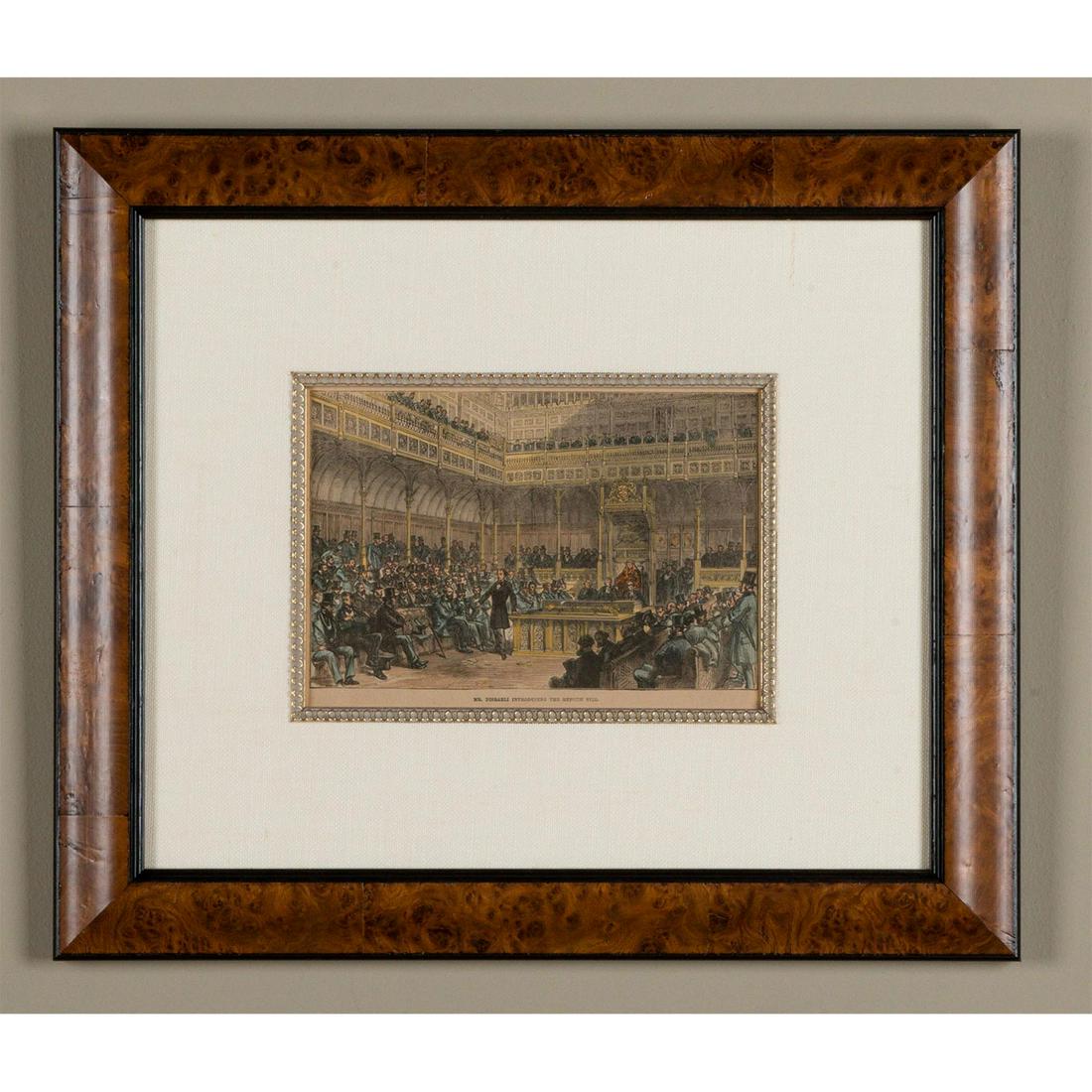 FRAMED PRINT, MR. DISRAELI INTRODUCING THE REFORM BILL: Reproduction color print, framed with linen matboards. Depicts Disraeli introducing his Reform Act to Parliament 1867.Hanging hardware to back. Issued: 20th c. Dimensions: 15.75"H x 18.25"W