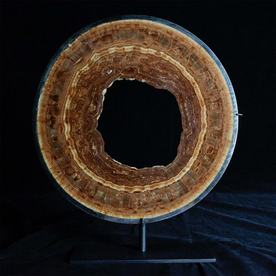 LARGE CRYSTALIZED ARAGONITE RING FROM EUROPE: An unusual Aragonite formation presented mounted in antique metal water pipe. Created through centuries-long chemical reaction in the water pipes beneath the medieval Bohemian town of Karlovy Vary (or
