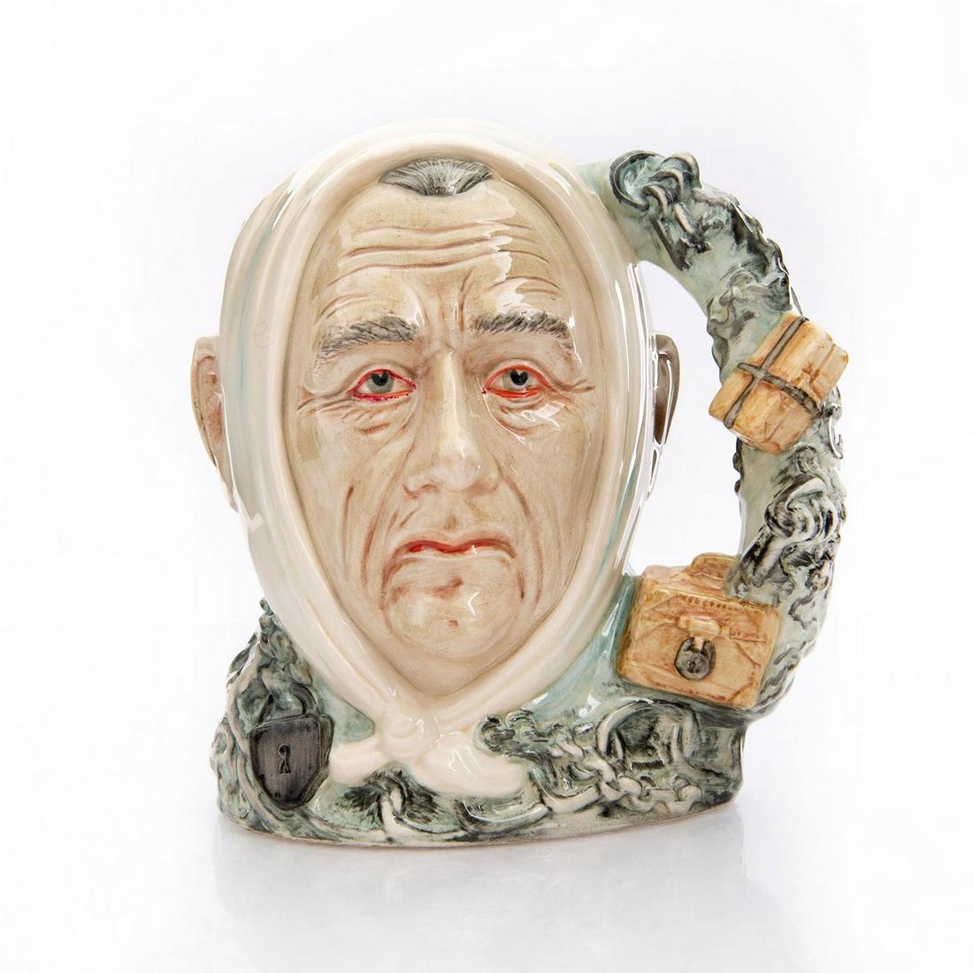 ROYAL DOULTON LARGE CHARACTER JUG, MARLEY'S GHOST D7142: Charles Dickens: A Christmas Carol character. Royal Doulton backstamp, jug title, and edition information on bottom. Includes CoA. Artist: David B. Biggs Issued: 1999 Dimensions: 7"H Edition Number: 3