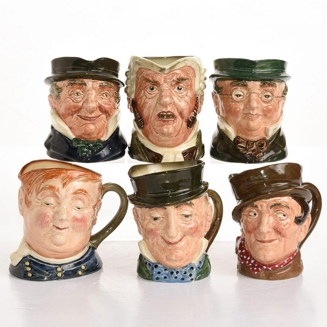 6 ROYAL DOULTON MID SIZE CHARACTER JUGS: Glazed ceramic stoneware, various artists and colorways. Mr. Micawber, Buzz Fuzz, Sam Weller, Fat Boy, Capt. Cuttle, Mr. Pickwick. Stamped to base ROYAL DOULTON. Issued: c. 1950-1980 Dimensions: 4.25"