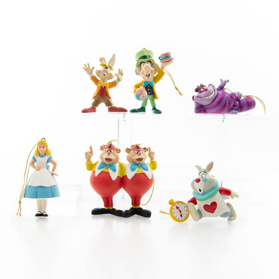 6 DISNEY CHRISTMAS ORNAMENTS, ALICE IN WONDERLAND: Disney's Christmas Collection. In original box. Gold hangers. Issued: 20th c. Dimensions: 12"H Manufacturer: Disney Country of Origin: China