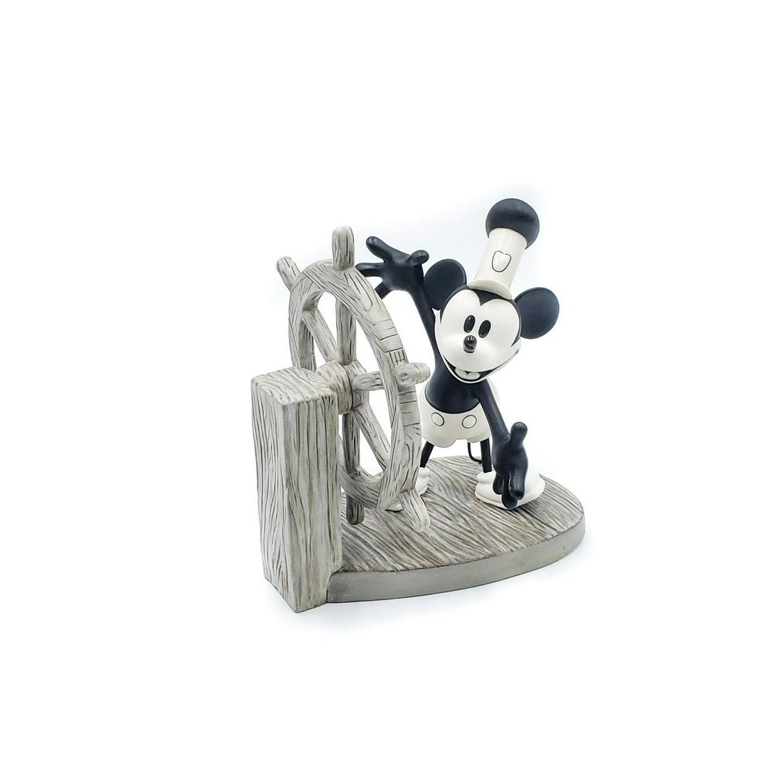 DISNEY CLASSICS MICKEY MOUSE FIGURINE, STEAMBOAT WILLIE: Depicts Mickey in his 1928 animated Disney short film debut. A five year anniversary sculpture. Stamped to base WALT DISNEY CLASSICS COLLECTION WALT DISNEY COLLECTORS SOCIETY CHARTER MEMBER. Collector