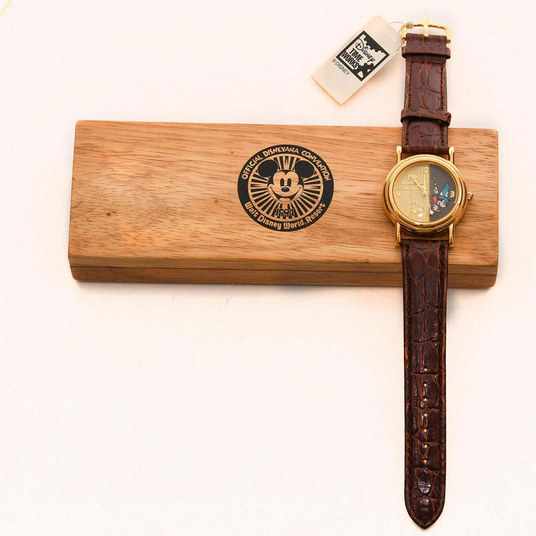 WALT DISNEY WORLD OFFICIAL DISNEYANA MICKEY MOUSE WATCH: Limited edition Sorcerers Apprentice commemorative. DISNEY stamp. Produced in 1994 to commemorate the Walt Disney World Disneyana Convention. Mickey as the Sorcerer's Apprentice from Fantasia. Brown t