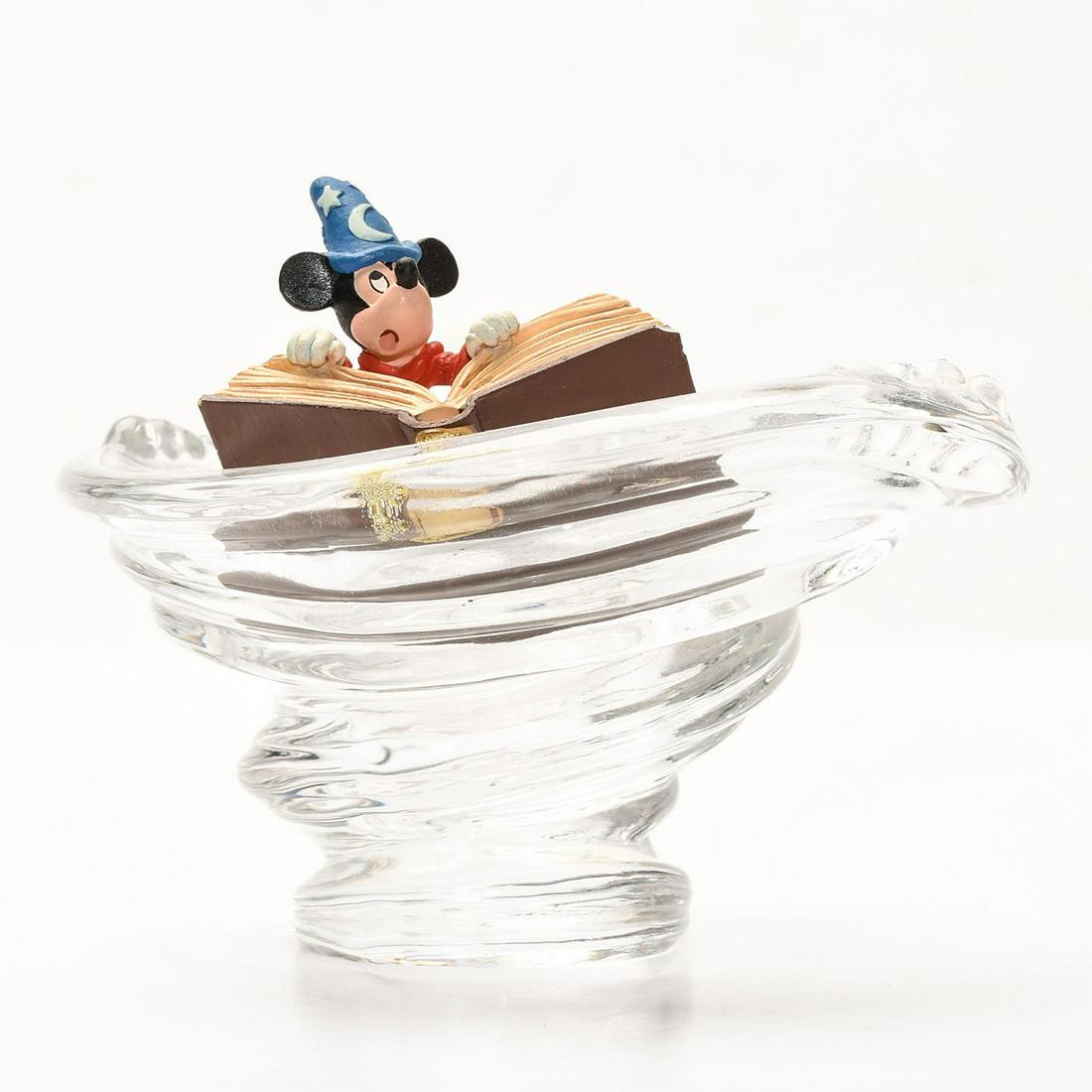 MICKEY MOUSE SORCERERS APPRENTICE CRYSTAL WHIRLPOOL: Crystal figurine with Mickey and magical book. DISNEY backstamp. An Austrian crystal sculpture based upon Disney's 1940 animated film Fantasia. Mickey is depicted reading from a magical boom, creating