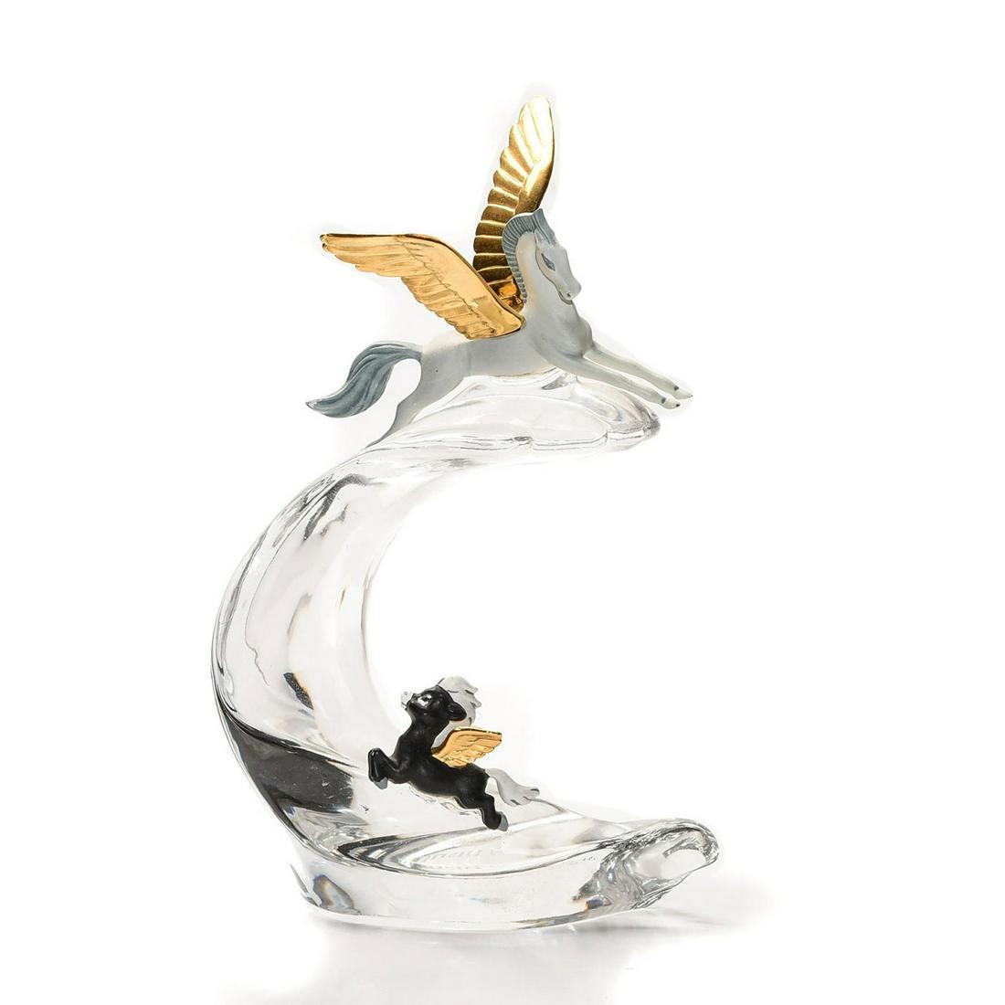 DISNEY FRANKLIN MINT CRYSTAL PEGASUS AND SON FIGURINE: Whimsical Disney Fantasia characters inflight. DISNEY backstamp. An Austrian crystal sculpture based upon Disney's 1940 animated film Fantasia. DISNEY backstamp. Issued: c. 1991 Dimensions: 6.5"H x 3.