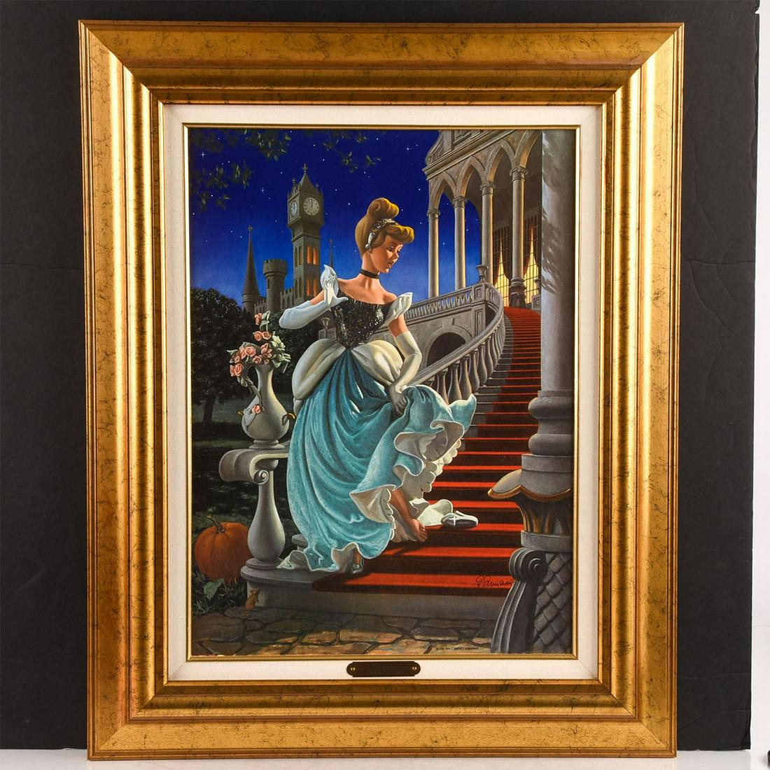 DISNEY CANVAS LITHOGRAPH, CINDERELLA LOSES HER SLIPPER: Limited Edition gilt framed and artist signed by Giuseppe Armani. An exquisite Limited Edition lithograph on canvas by Italian artist Giuseppe Armani (1935-2006) depicting the Disney Princess Cinderel