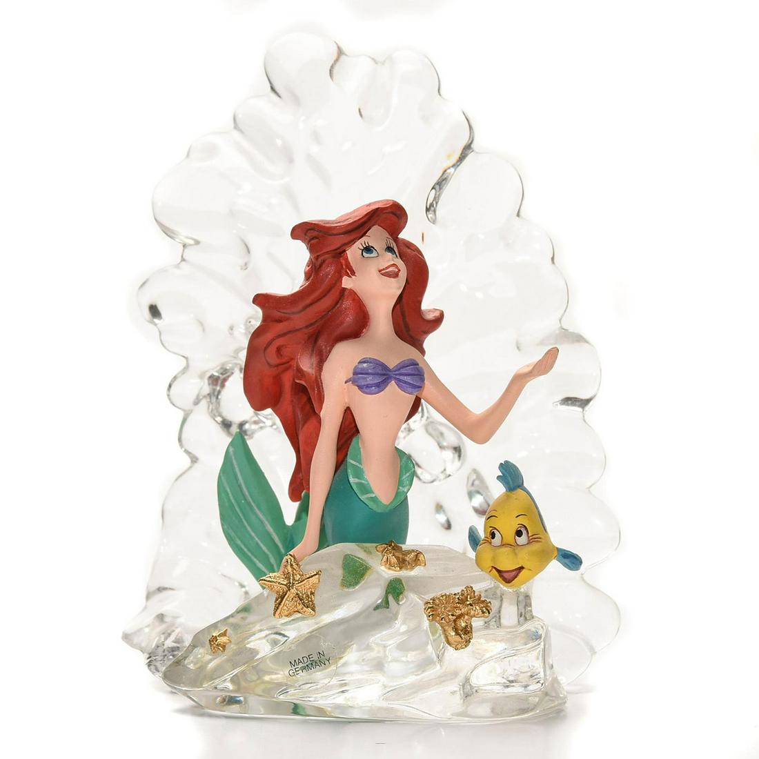 DISNEY FRANKLIN MINT CRYSTAL LITTLE MERMAID FIGURINE: Whimsical Disney Princess Ariel and Flounder. DISNEY backstamp. A German crystal sculpture based upon Disney's 1989 animated film The Little Mermaid. DISNEY backstamp. Issued: c. 1991 Dimensions: 4.5"