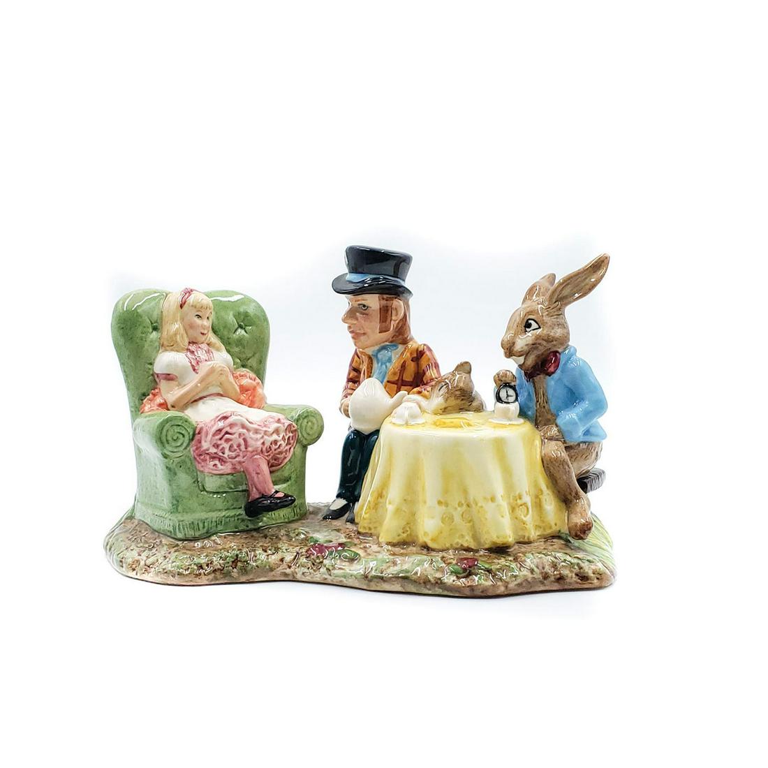 BESWICK WARE TABLEAU, THE MAD HATTER'S TEA PARTY LC1: Alice In Wonderland series. Limited. Ed. 1355 of 1998. Beswick ware backstamp. Artist: Martyn Alcock Issued: c. 1998 Dimensions: 5"H x 8"W Manufacturer: Beswick Country of Origin: England