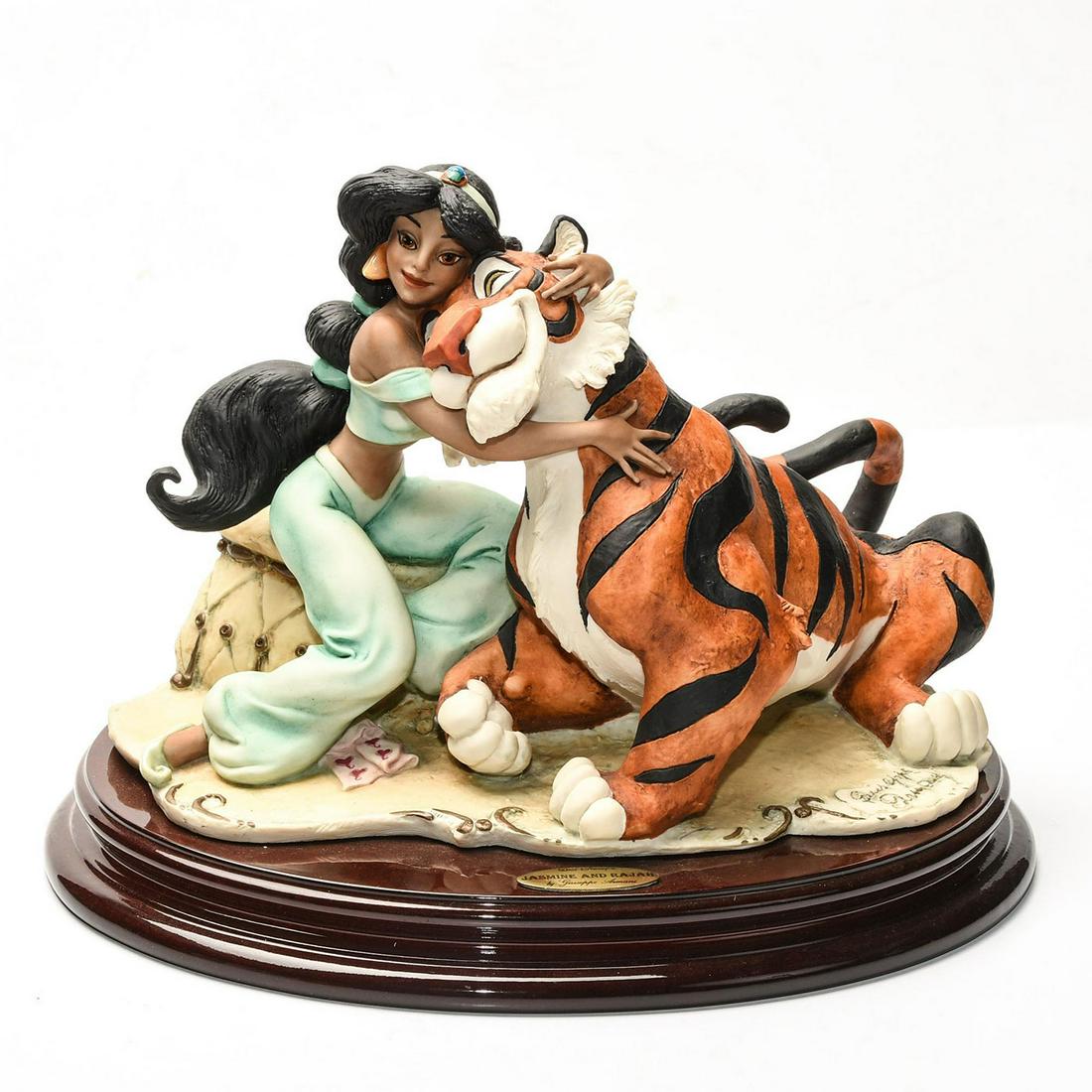 DISNEY GIUSEPPE ARMANI ALADDIN JASMINE & RAJAH FIGURINE: Group sculpture, artist signed. Certificate of Authenticity. An exemplary Limited Edition sculpture by Italian artist Giuseppe Armani (1935-2006) depicting an exquisitely detailed scene from the 1992