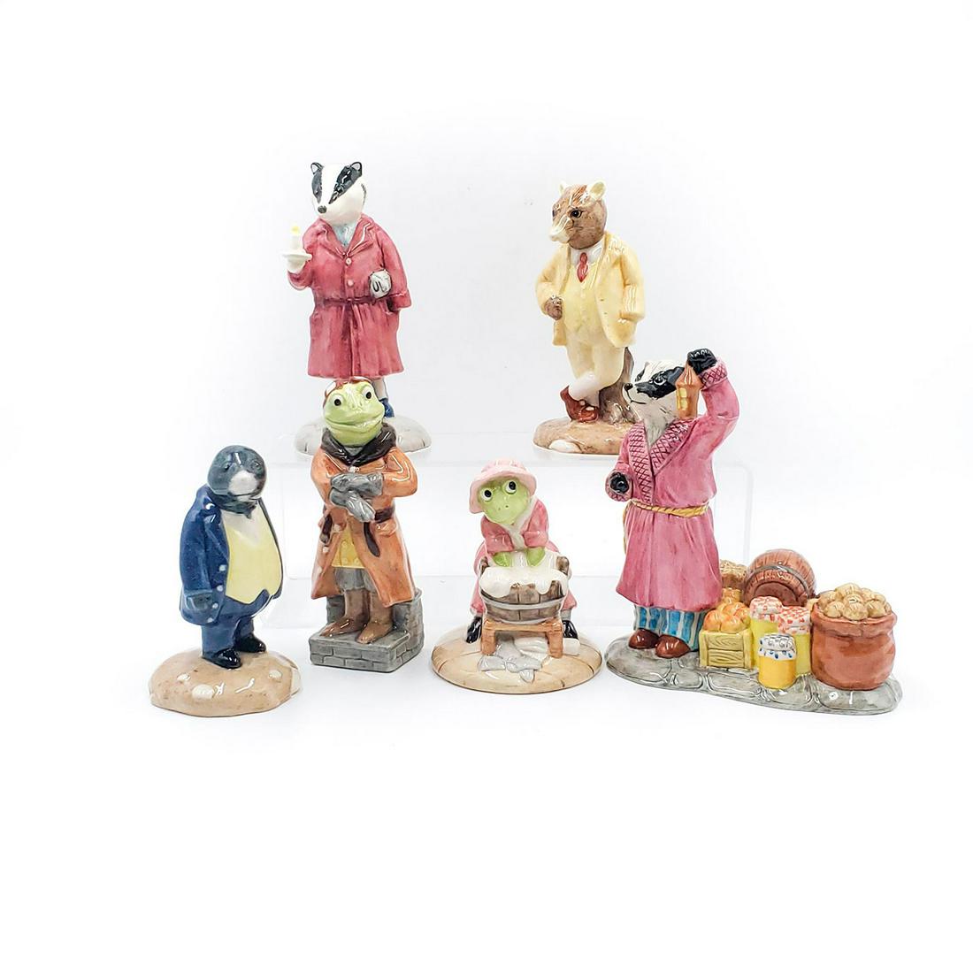 6 THE WIND IN THE WILLOWS BONE CHINA FIGURINES: 5 BESWICKWARE FIGURINES, 1 Royal Doulton figurine. Badger's Winter Store WW8, Ratty WIW4, Badger WIW3, Mole WIW5, Toad WIW2, Washerwoman Toad WIW6. Issued: 20th c. Dimensions: 6"H, tallest Country of 