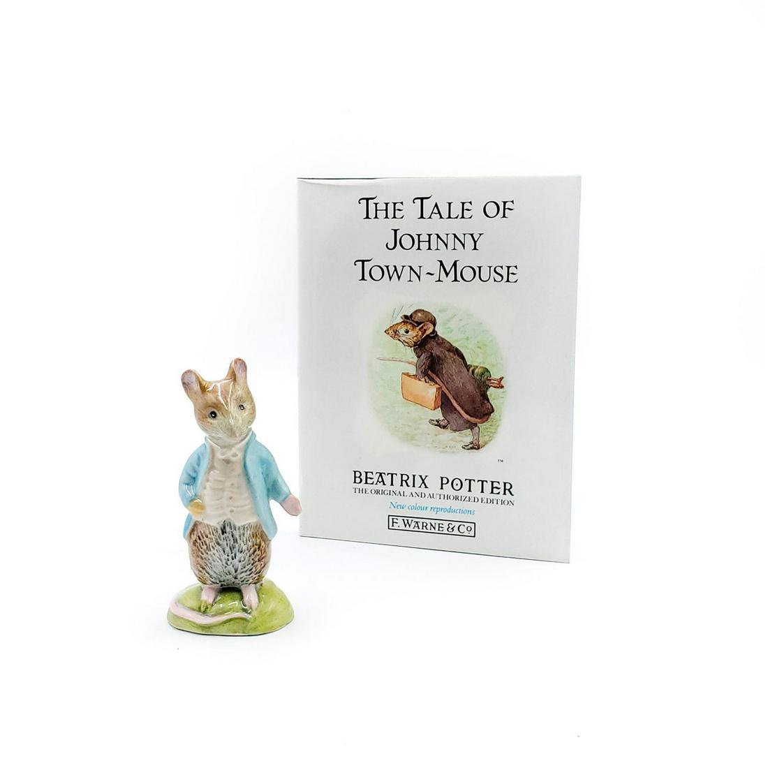ROYAL ALBERT BEATRIX POTTER JOHNNY TOWN MOUSE STORY SET: Johnny Town Mouse ceramic figurine and story book. Royal Albert backstamp. Complete with box. Issued: 20th c. Dimensions: 6.25"H x 5.75"W, box Manufacturer: Royal Albert Country of Origin: England