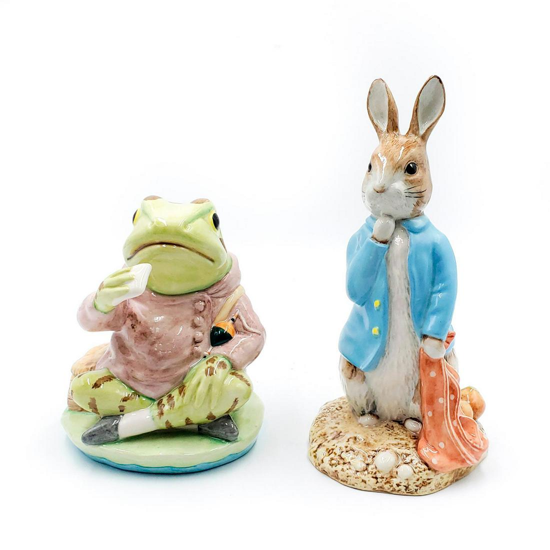 2 ROYAL ALBERT BEATRIX POTTER FIGURINES: Includes Lg Jeremy Fisher and Peter with Red Pocket Handkerchief. Royal Albert backstamp. Artist: Martyn Alcock Issued: 20th c. Dimensions: 7.25"H. tallest Manufacturer: Royal Albert Country of Origin