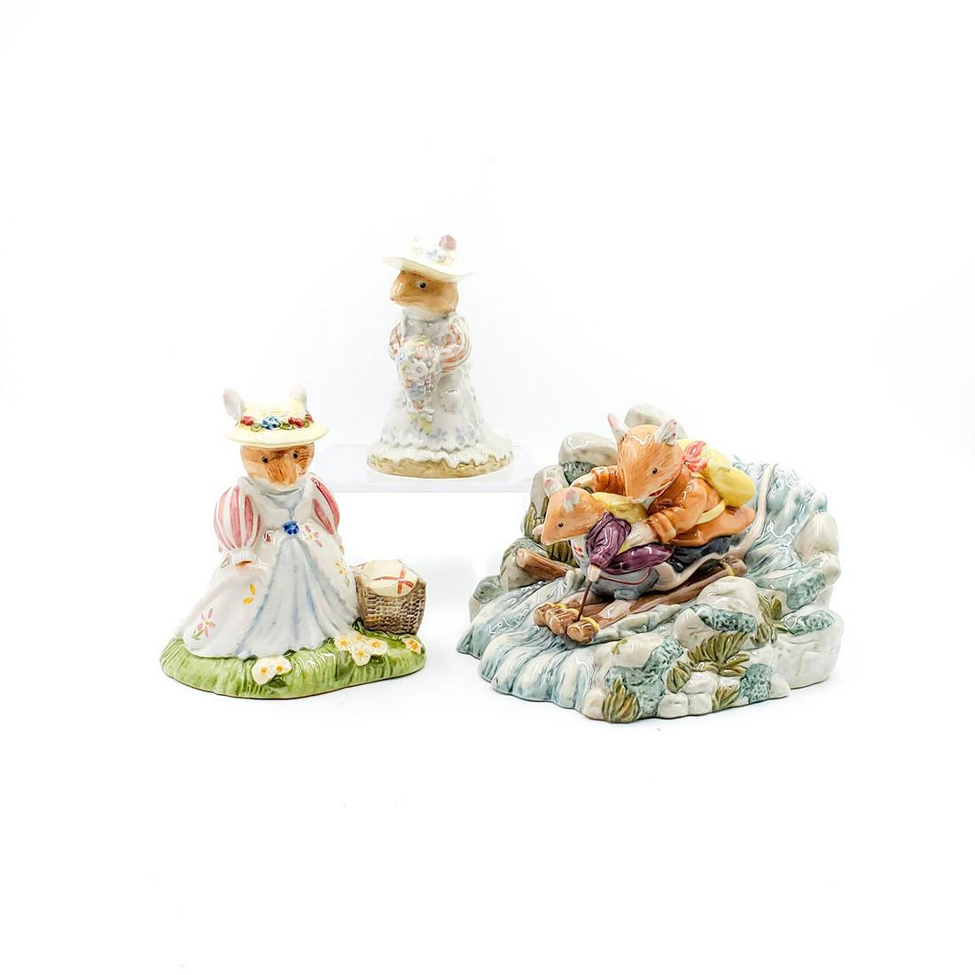 3 ROYAL DOULTON BRAMBLY HEDGE FIGURINES: By Jill Barklem, Doulton backstamp. Lady Woodmouse DBH32, Poppy Eyebright DBH1, Shooting the Rapids DBH61. Issued: 1980-2000 Dimensions: 4"H, tallest Manufacturer: Royal Doulton Country of Origin: Eng