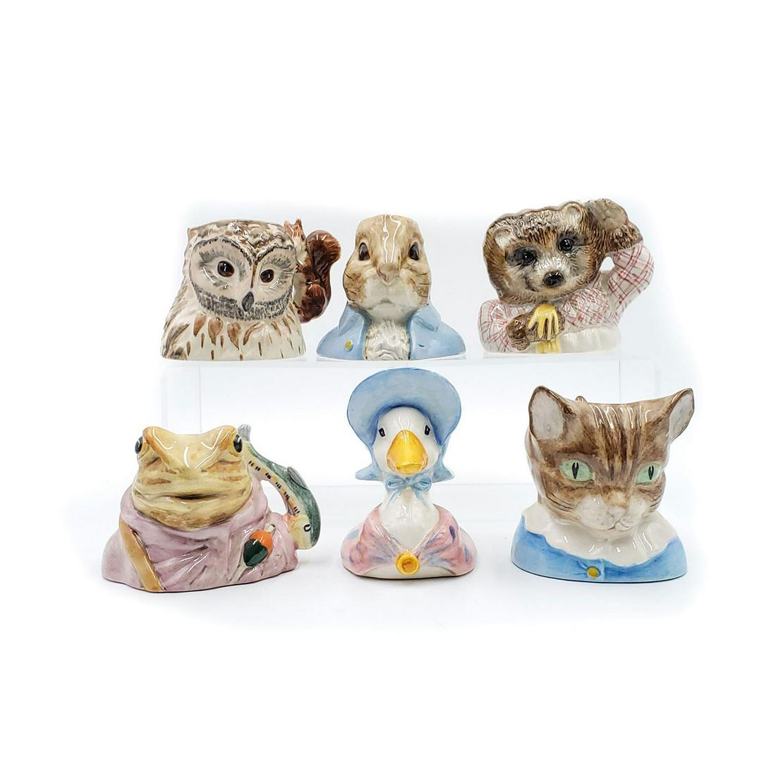 BESWICK SM. BEATRIX POTTER PETER RABBIT CHARACTER JUGS: Six characters associated with the Peter Rabbit story cycles. This is a whimsical group of six character jugs inspired by the Peter Rabbit stories cycle by author Beatrix Potter. Includes PETER RABBIT