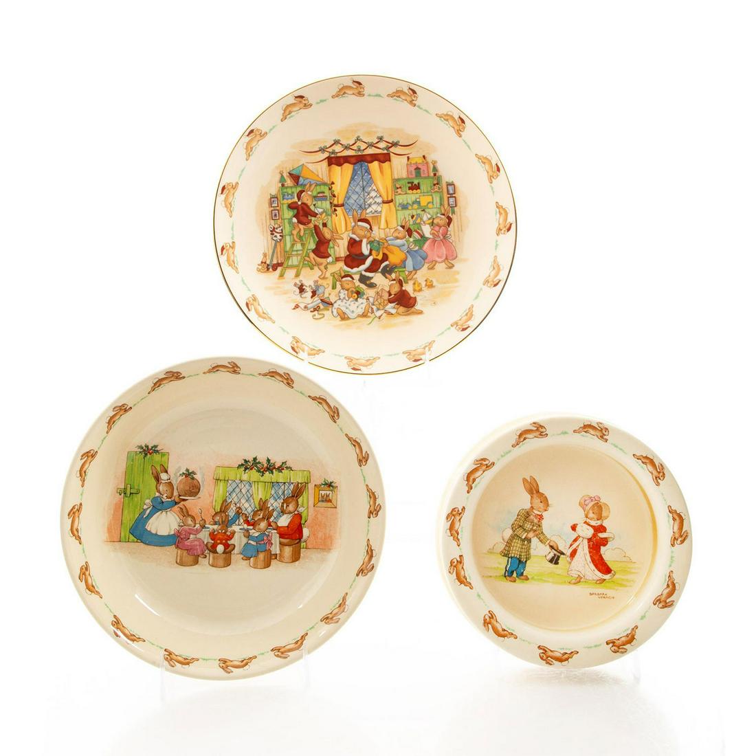 3 ROYAL DOULTON BUNNYKINS TABLEWARE SET PIECES: Small round baby plate, porridge plate and ceramic plate. Doulton backstamp. Issued: 20th c. Dimensions: 8.5"W, largest Manufacturer: Royal Doulton Country of Origin: England