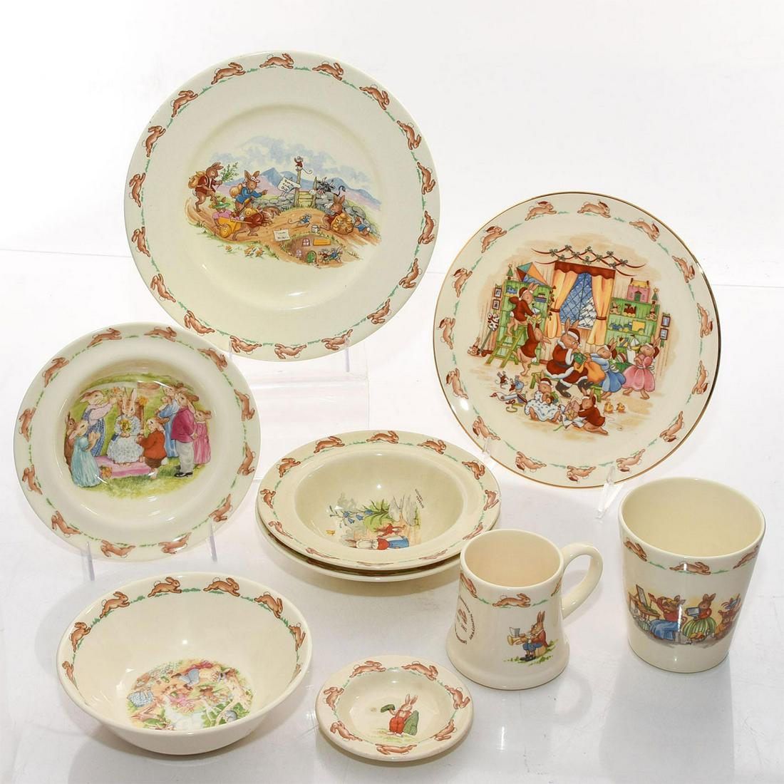 9 PC. OF ROYAL DOULTON BUNNYKINS TABLEWARE: Hand decorated plates, fruit bowls, and other. Marked Royal Doulton on bottom. Issued: 20th c. Dimensions: 10"W, largest Manufacturer: Royal Doulton Country of Origin: England