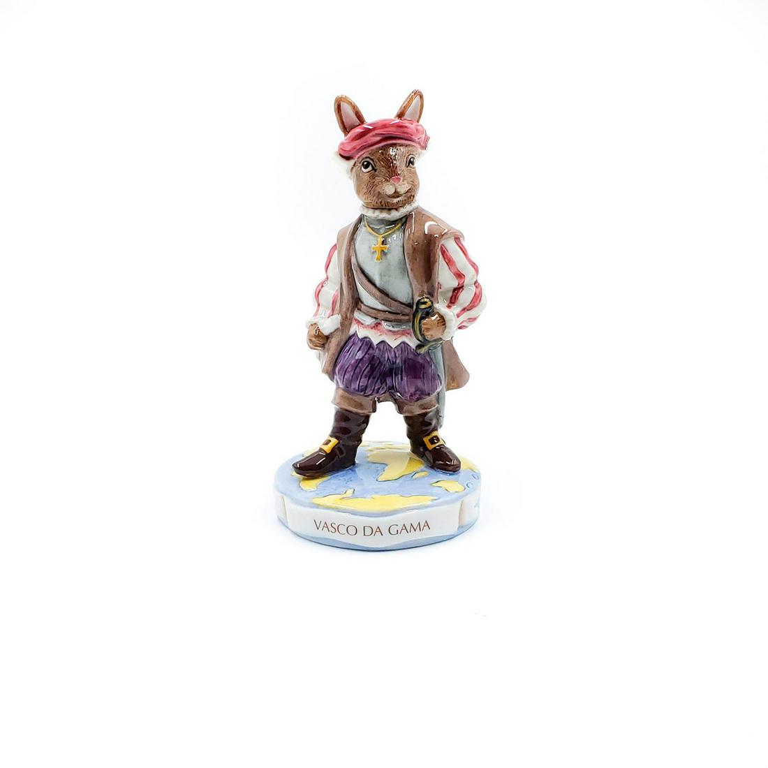 ROYAL DOULTON BUNNYKINS, VASCO DA GAMA DB413: Limited edition 148 of 500. Explorers series. Doulton backstamp. Complete with Certificate of Authenticity and original box. Artist: Shane Ridge Issued: 2008 Dimensions: 6.5"H x 4.5"W, box Manufacture