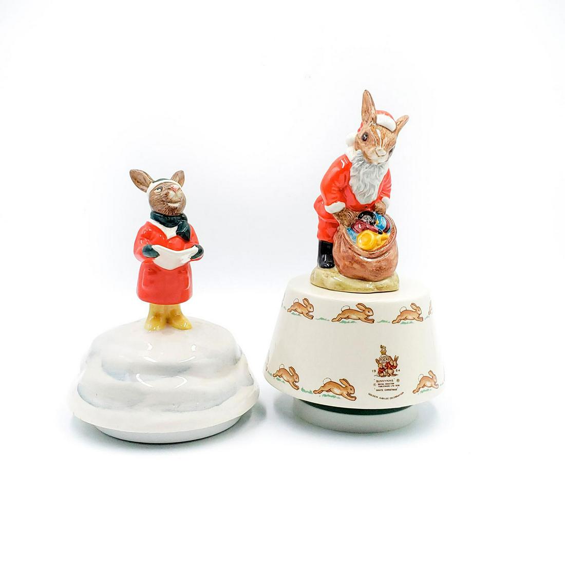 2 ROYAL DOULTON BUNNYKINS CHRISTMAS MUSICAL BOXES: Carol Singer, White Christmas Bunnykins., Doulton backstamp. Issued: 20th c. Dimensions: 7.5"H, largest Manufacturer: Royal Doulton Country of Origin: England