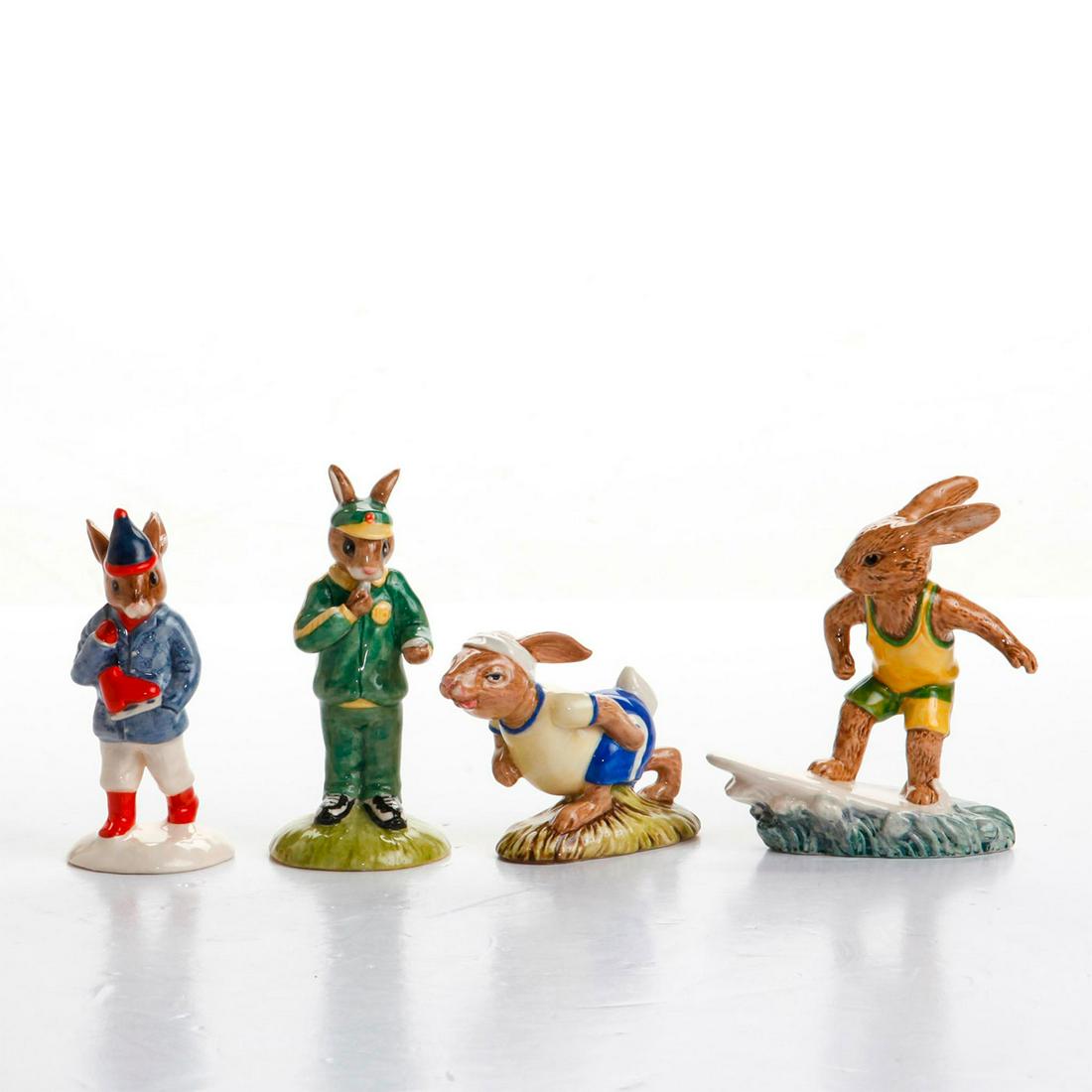 4 ROYAL DOULTON SPORTING CERAMIC BUNNYKINS: Collectible set; includes Bunnykins of the year 2002. Boy Skater DB187, Aussie Surfer DB133, Stop Watch DB253, Jogging DB22. Doulton backstamps. Issued: 20th c. Dimensions: 4.25"H, tallest Manufacture