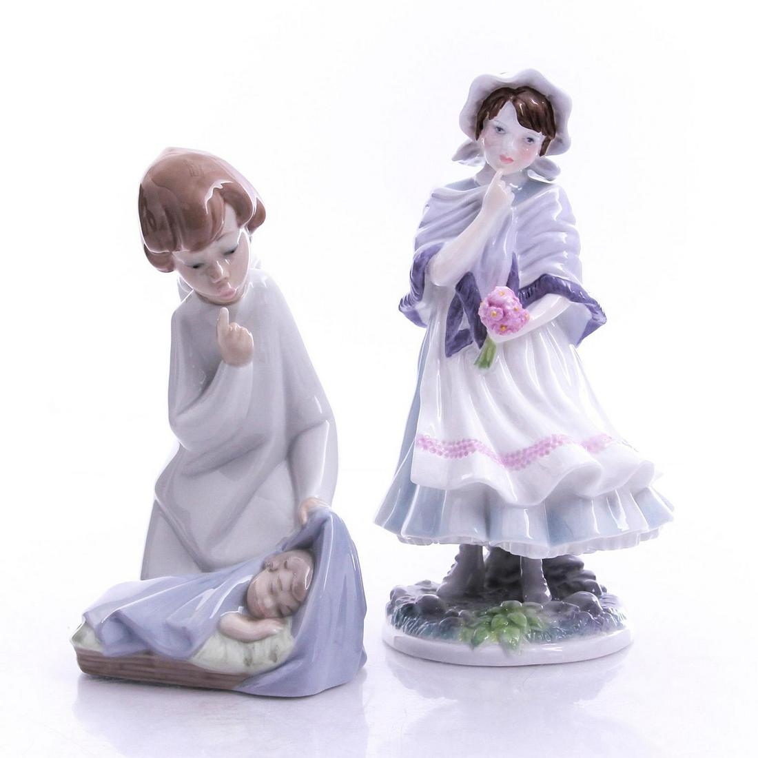 LLADRO ANGEL FIGURINE AND ROYAL WORCESTER FIGURINE: Limited edition "A Posy for Mother". Stamped on bottom. Issued: 20th c. Dimensions: 8"H, tallest Manufacturer: Royal Doulton Country of Origin: England